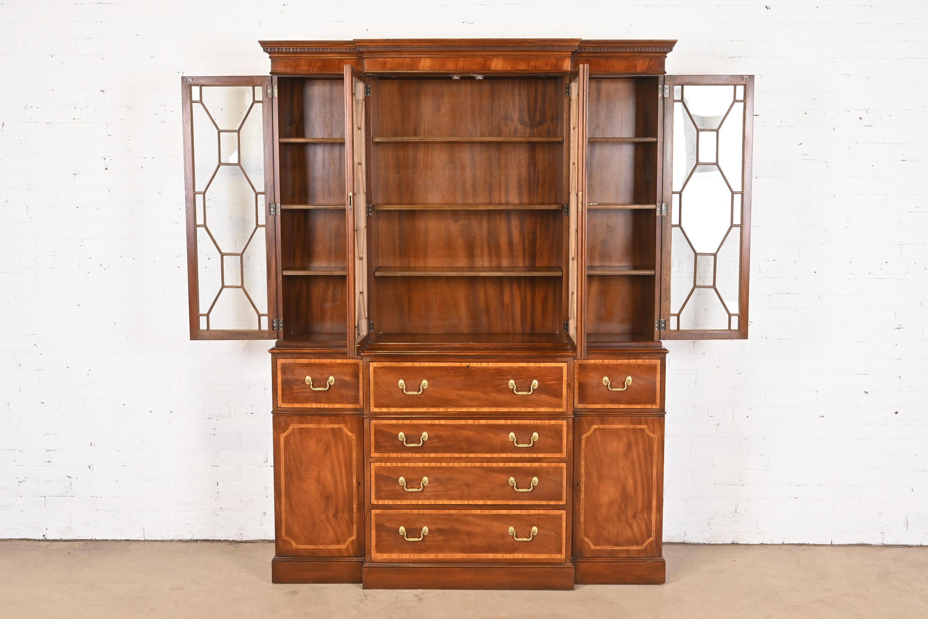 Late 20th Century Baker Furniture Georgian Mahogany Breakfront Bookcase With Secretary Desk For Sale