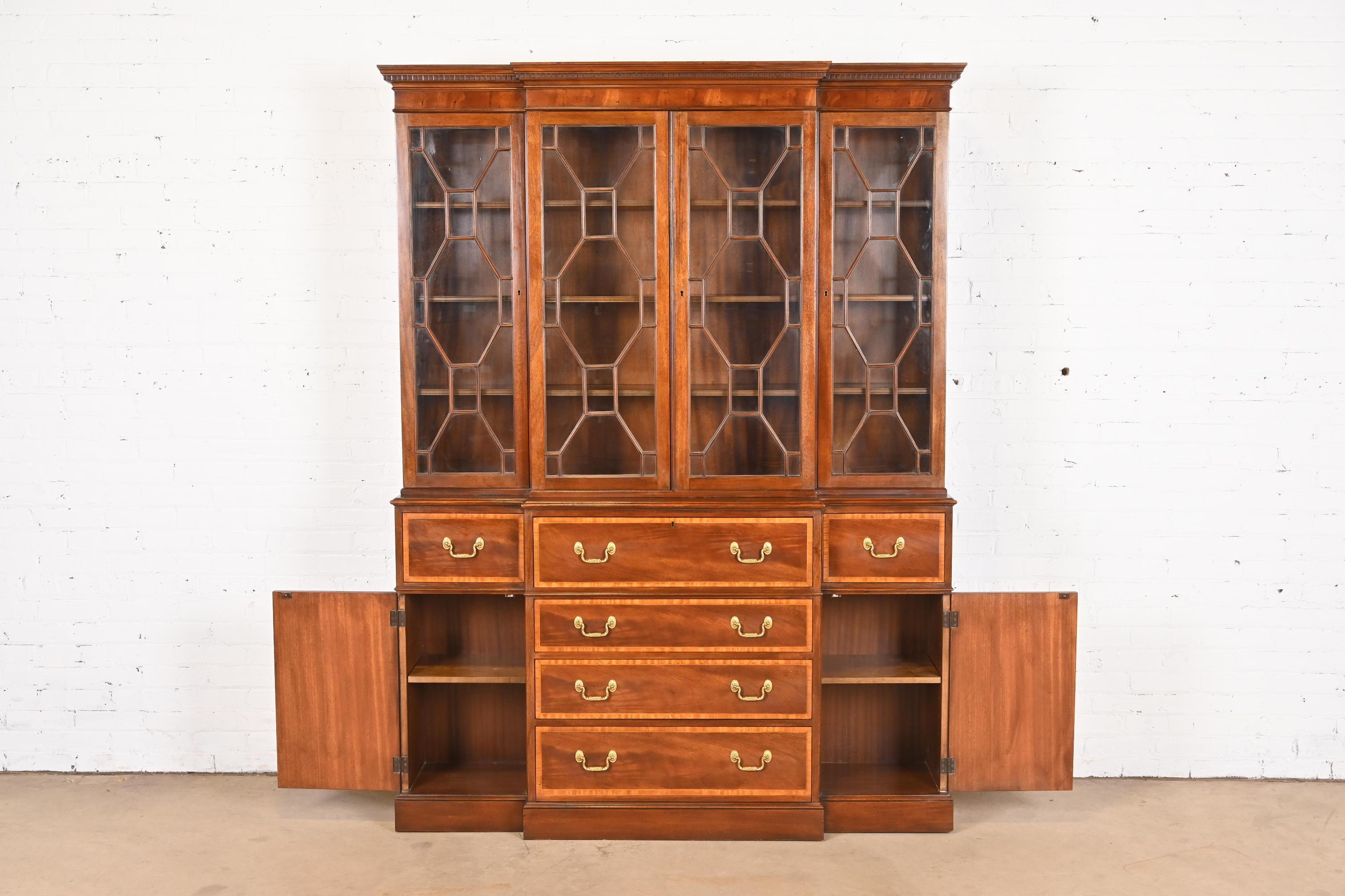 Brass Baker Furniture Georgian Mahogany Breakfront Bookcase With Secretary Desk For Sale