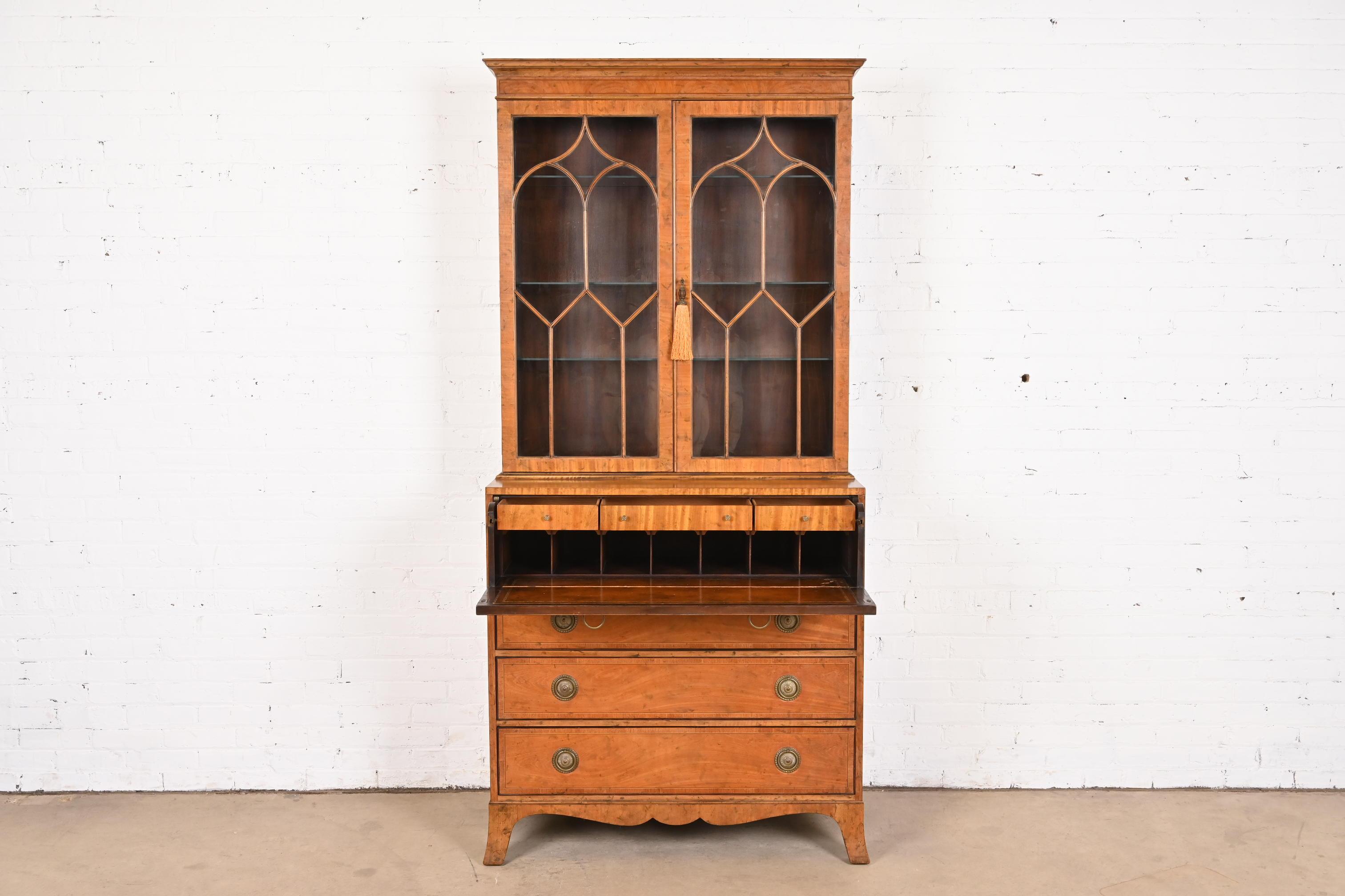 Brass Baker Furniture Georgian Mahogany Breakfront Bookcase With Secretary Desk For Sale