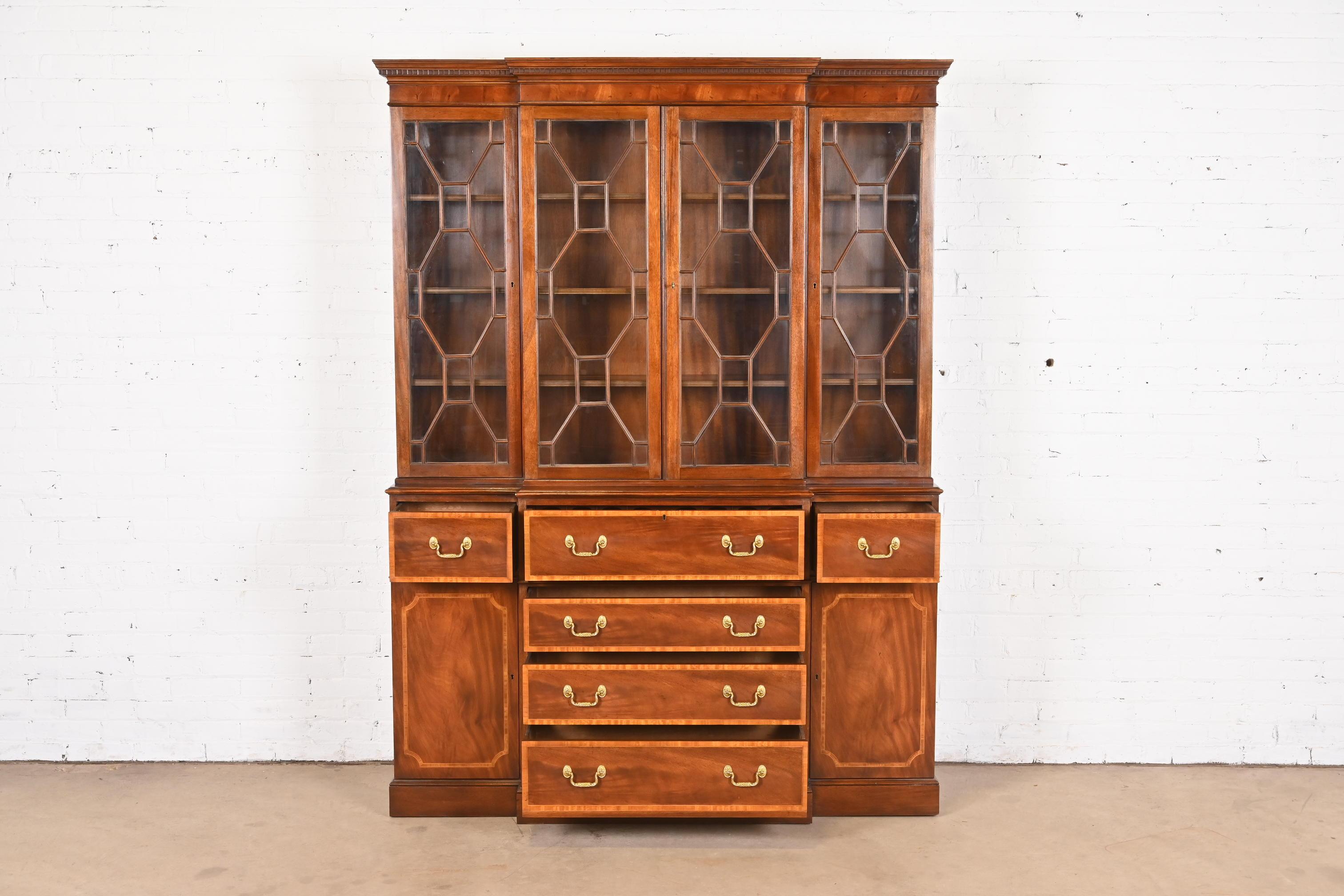 Baker Furniture Georgian Mahogany Breakfront Bookcase With Secretary Desk For Sale 1
