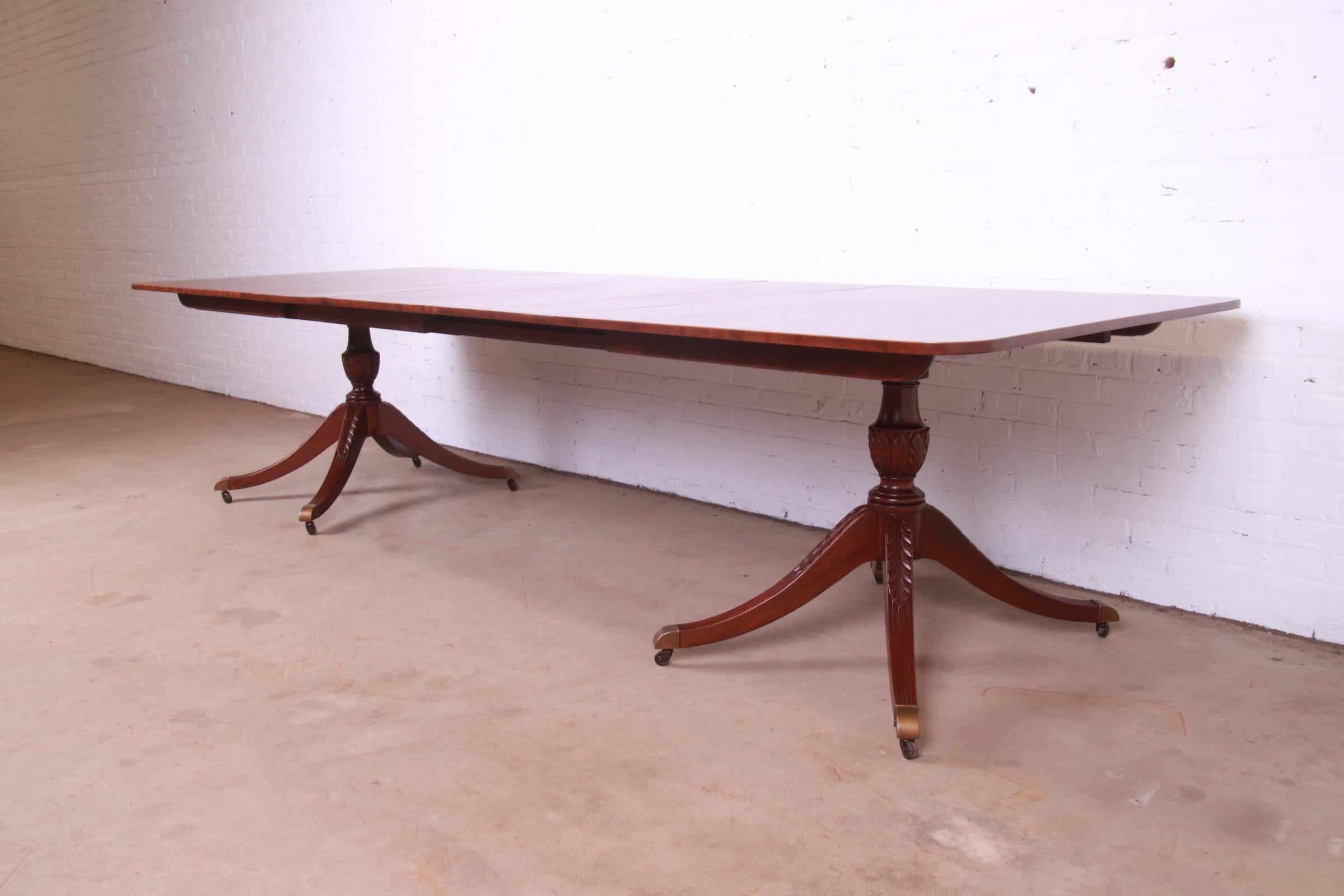 American Baker Furniture Georgian Mahogany Double Pedestal Dining Table, Newly Refinished