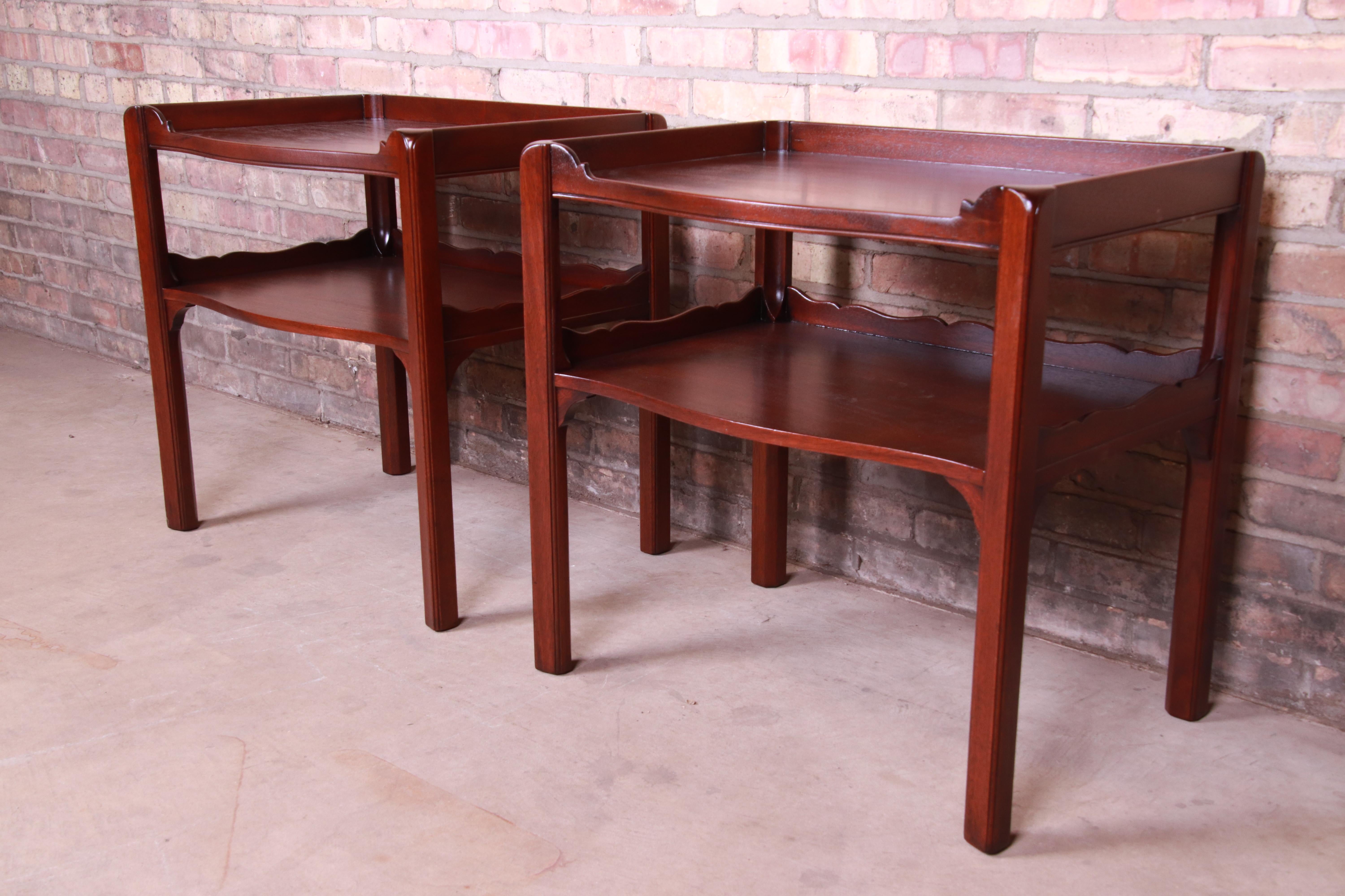 20th Century Baker Furniture Georgian Mahogany Two-Tier Nightstands or End Tables, Restored