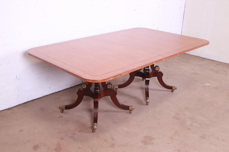 Baker Furniture Satinwood and Mahogany Double Pedestal Dining