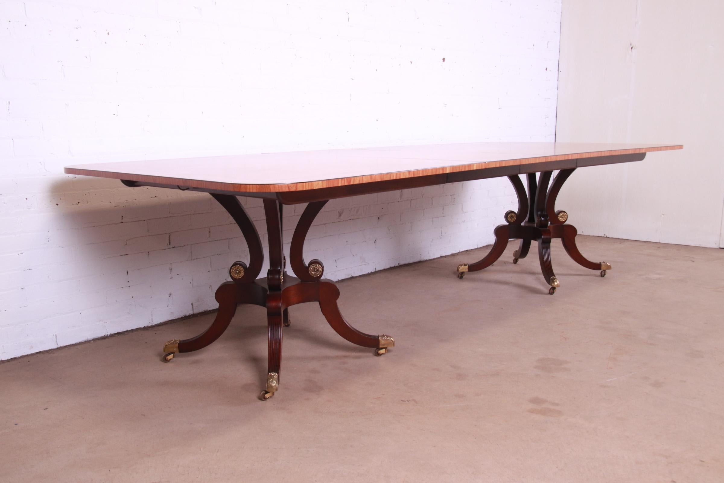 Brass Baker Furniture Georgian Satinwood and Mahogany Double Pedestal Dining Table