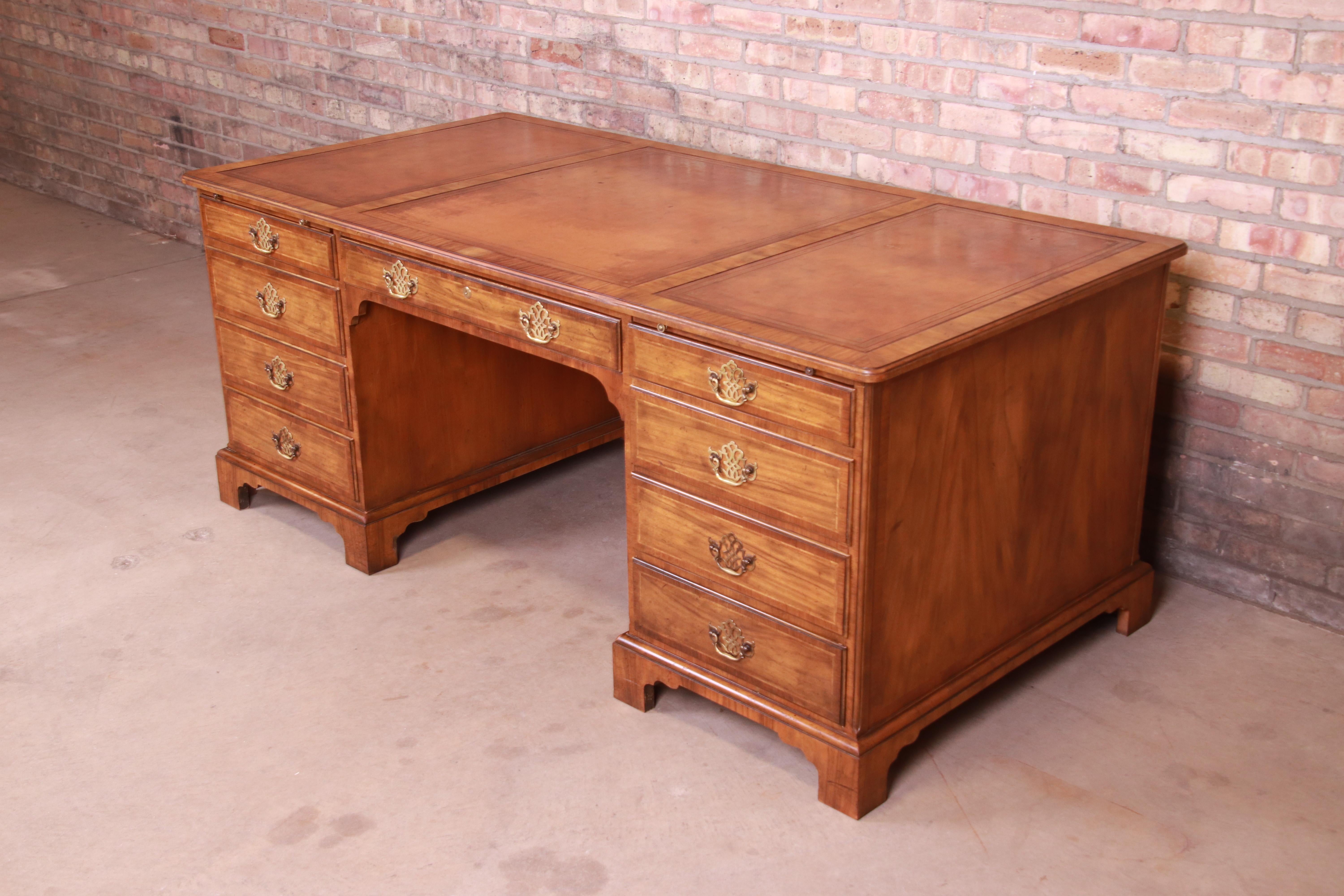 American Baker Furniture Georgian Walnut Leather Top Executive Desk, 1950s For Sale
