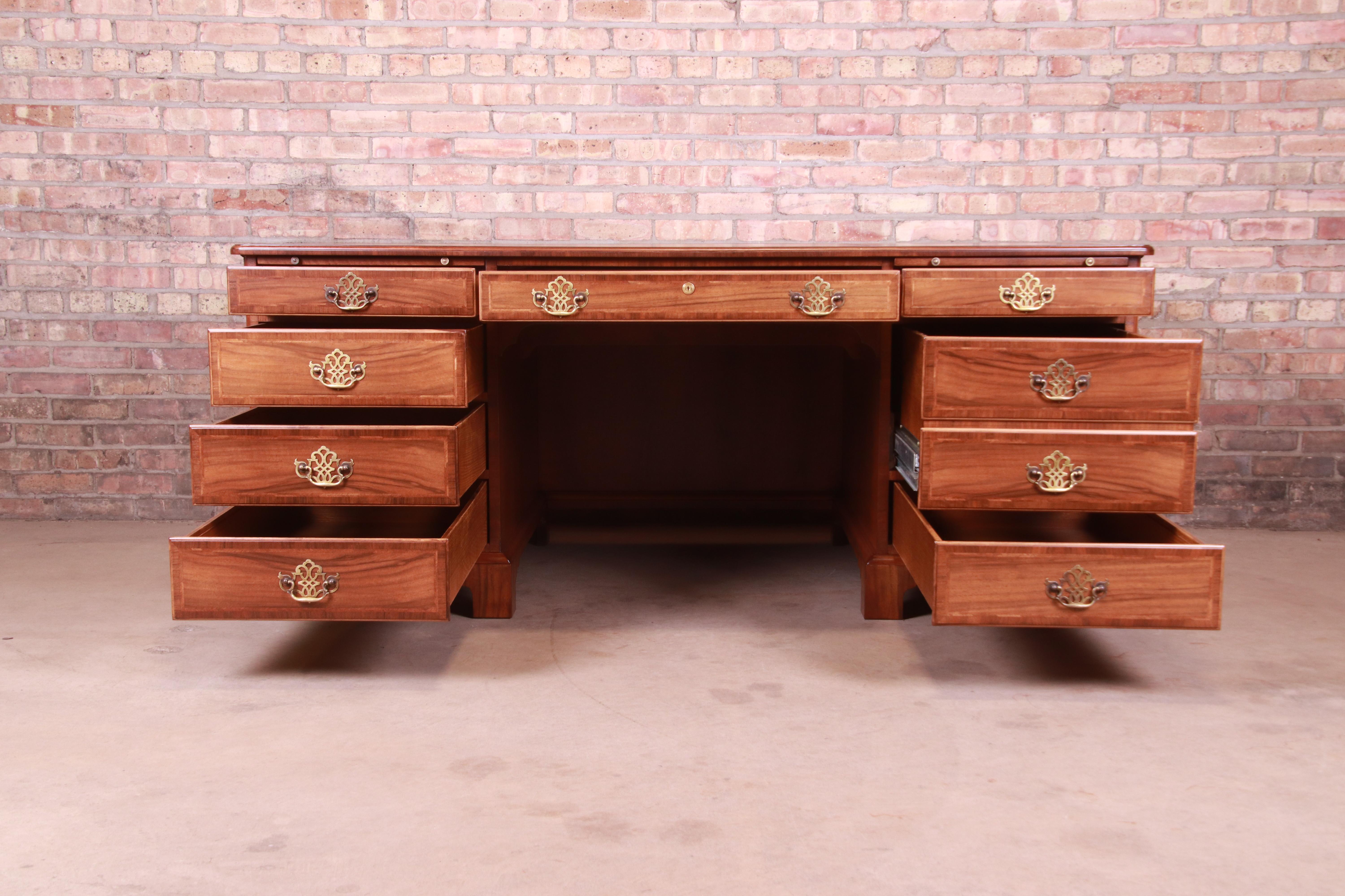 American Baker Furniture Georgian Walnut Leather Top Executive Desk, Newly Refinished For Sale