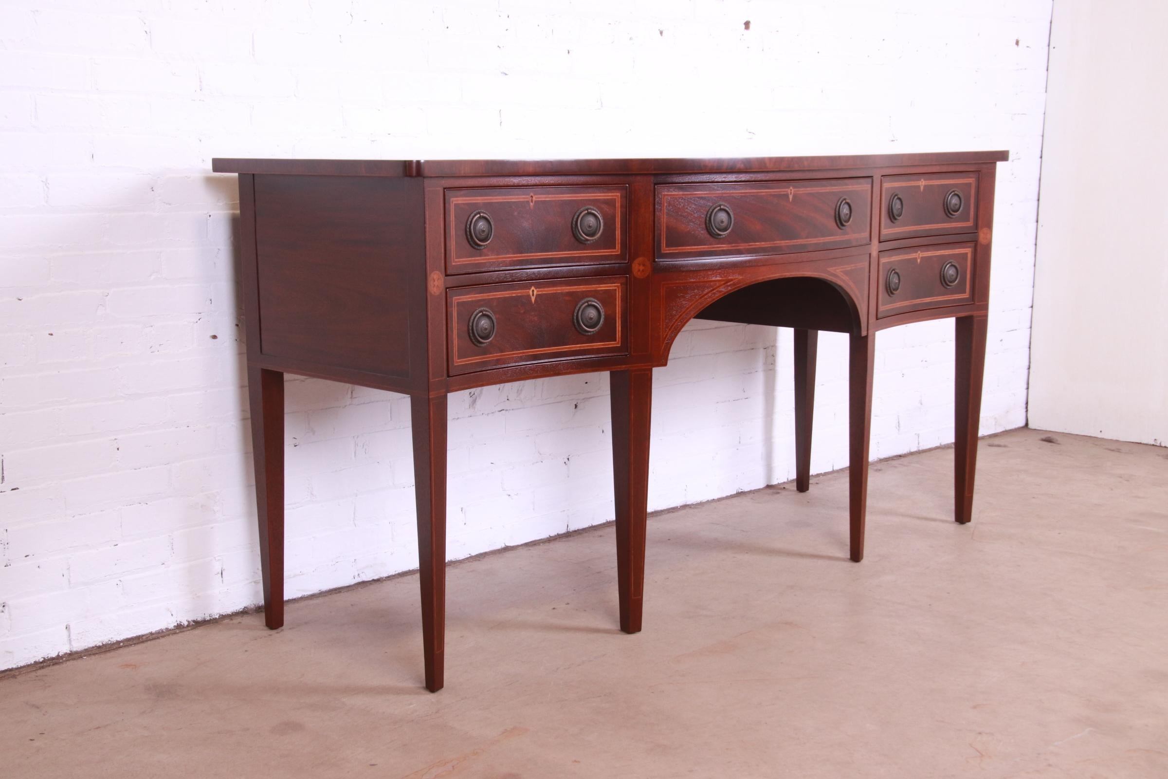 Baker Furniture Hepplewhite Flame Mahogany and Satinwood Sideboard, Refinished For Sale 1