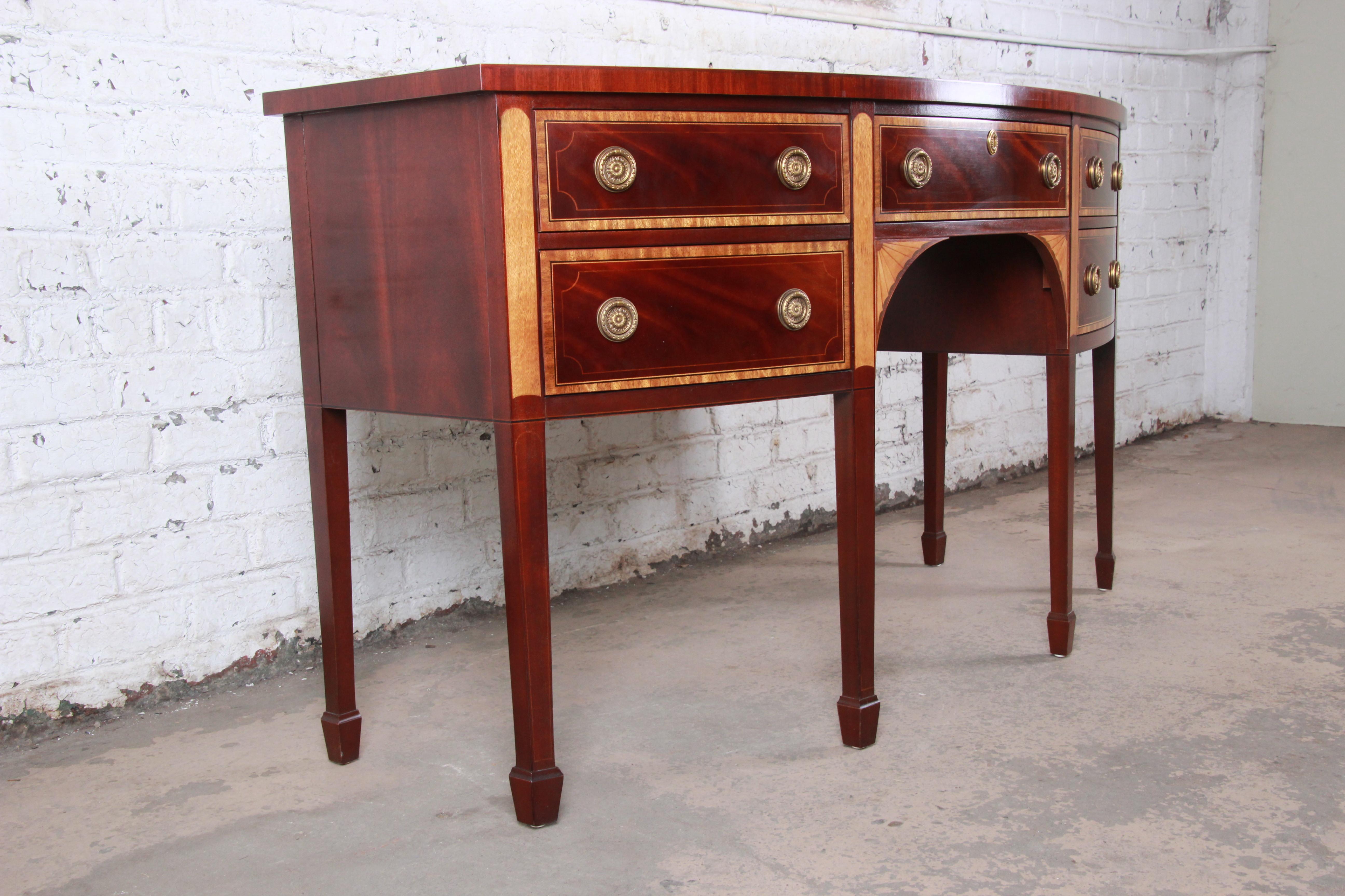 Brass Baker Furniture Hepplewhite Mahogany and Inlaid Satinwood Sideboard Credenza