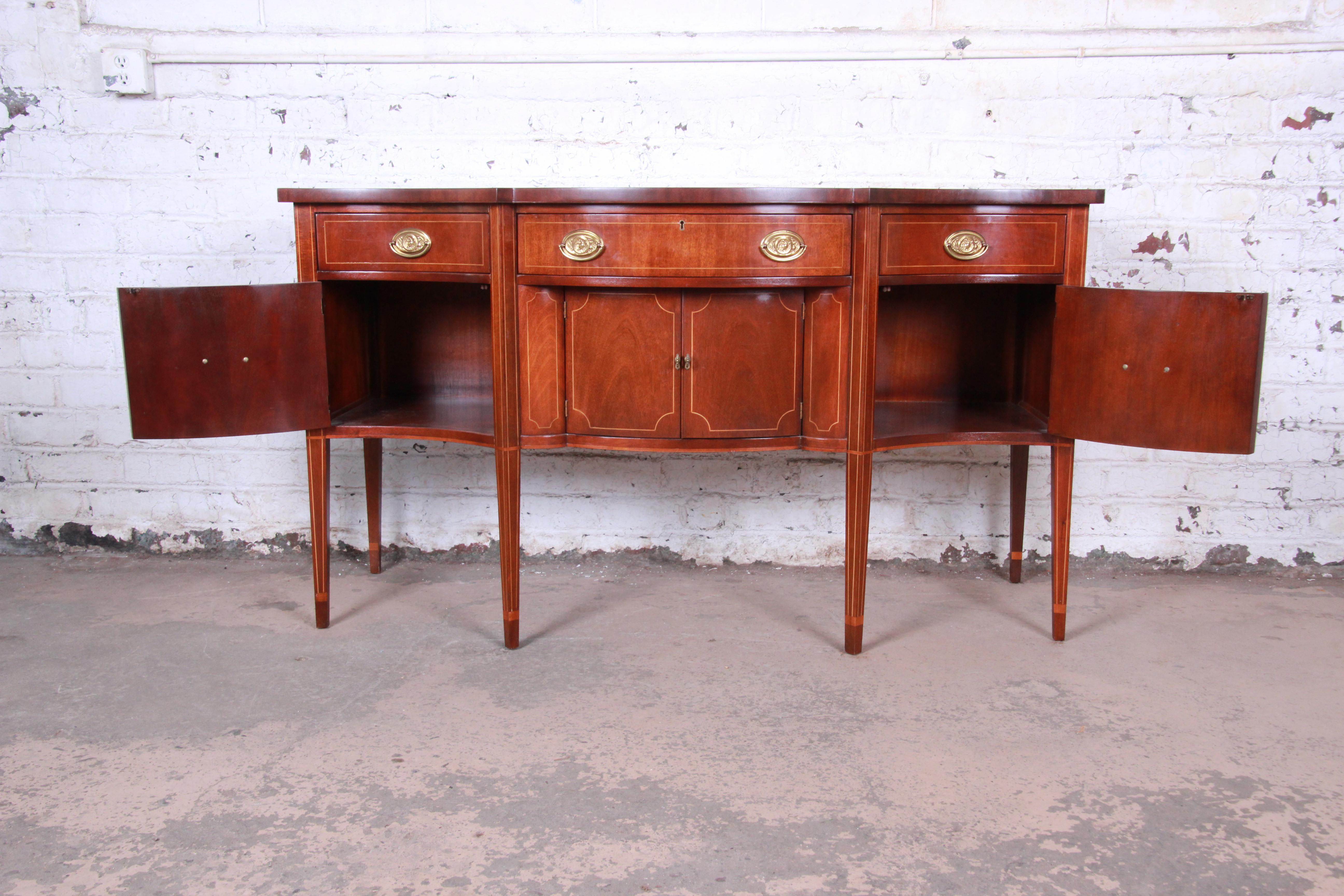 American Baker Furniture Hepplewhite Style Inlaid Mahogany Bow Front Sideboard Credenza