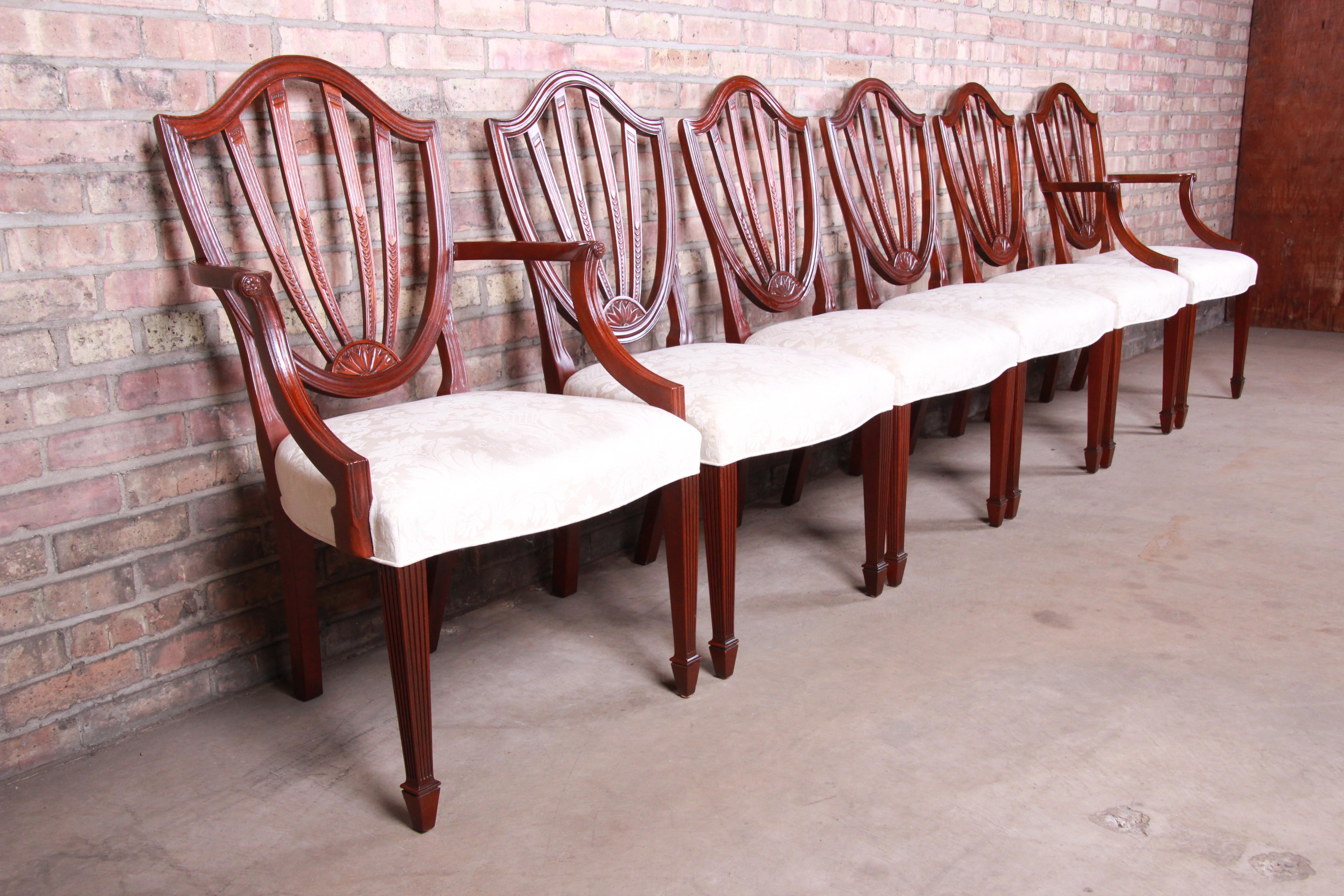 An exceptional set of six carved mahogany shield-back dining chairs

By Baker Furniture 