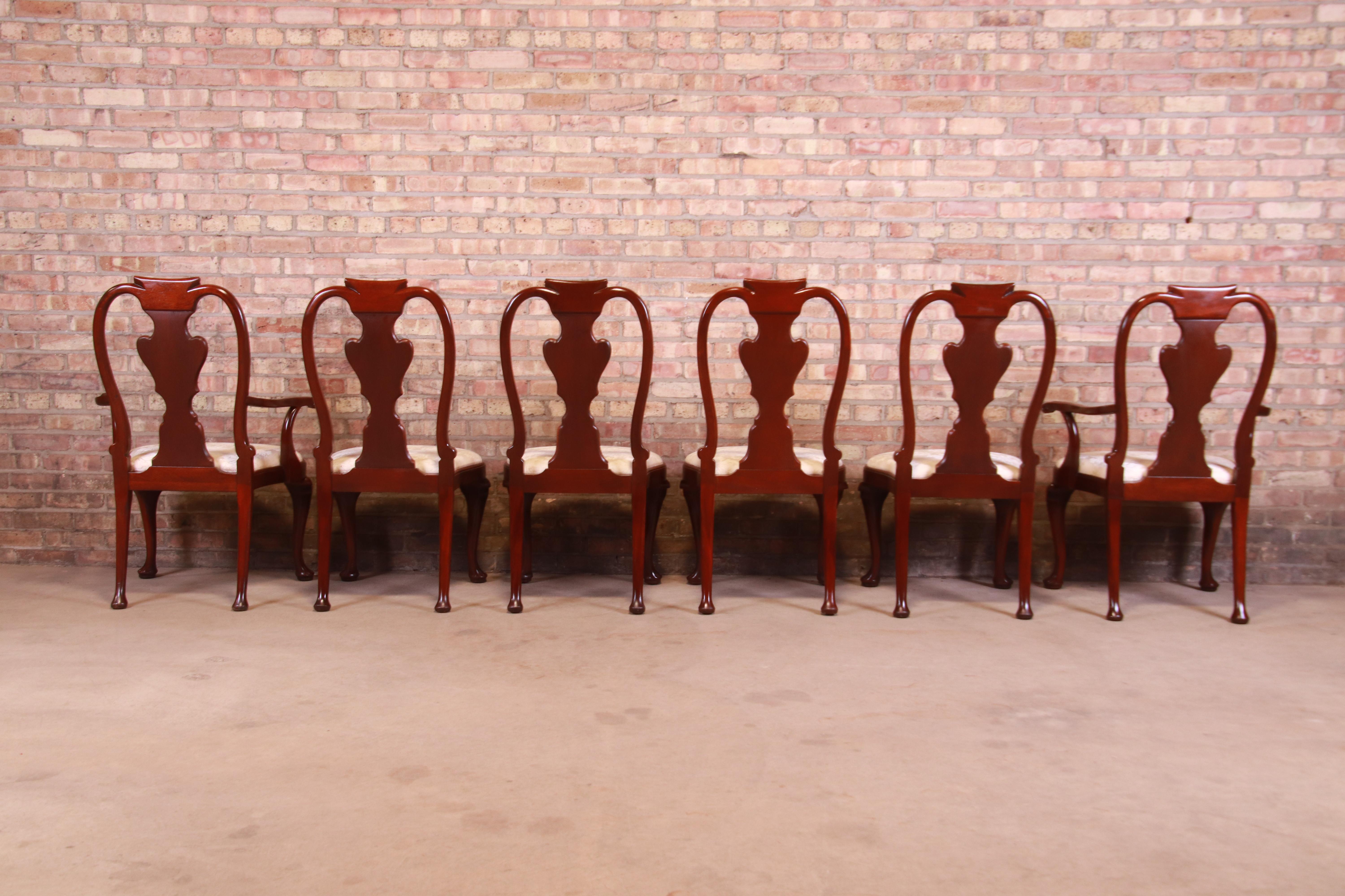 Upholstery Baker Furniture Historic Charleston Carved Mahogany Dining Chairs, Set of Six For Sale