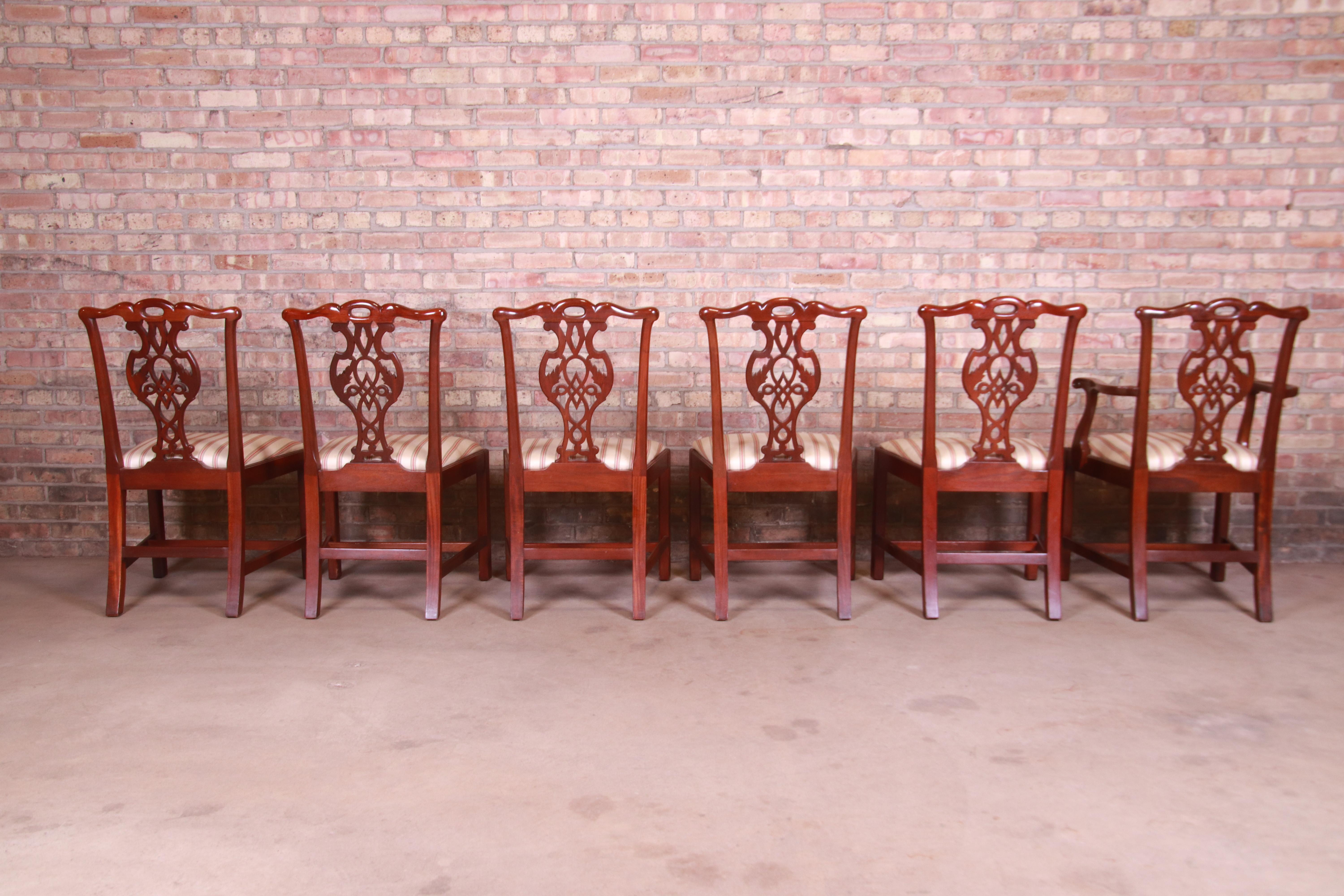 Upholstery Baker Furniture Historic Charleston Carved Mahogany Dining Chairs, Set of Six