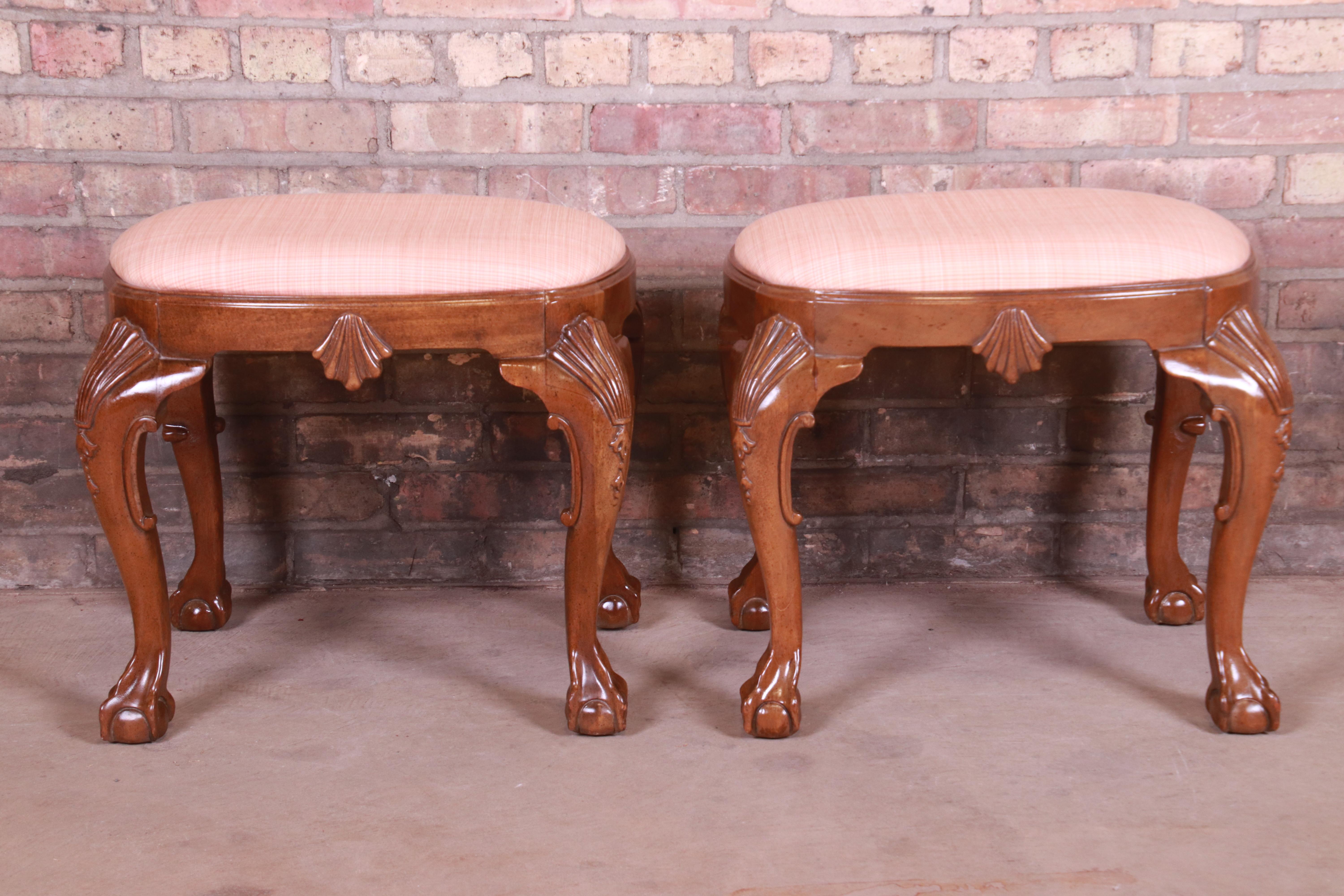 American Baker Furniture Historic Charleston Chippendale Carved Mahogany Stools, Pair