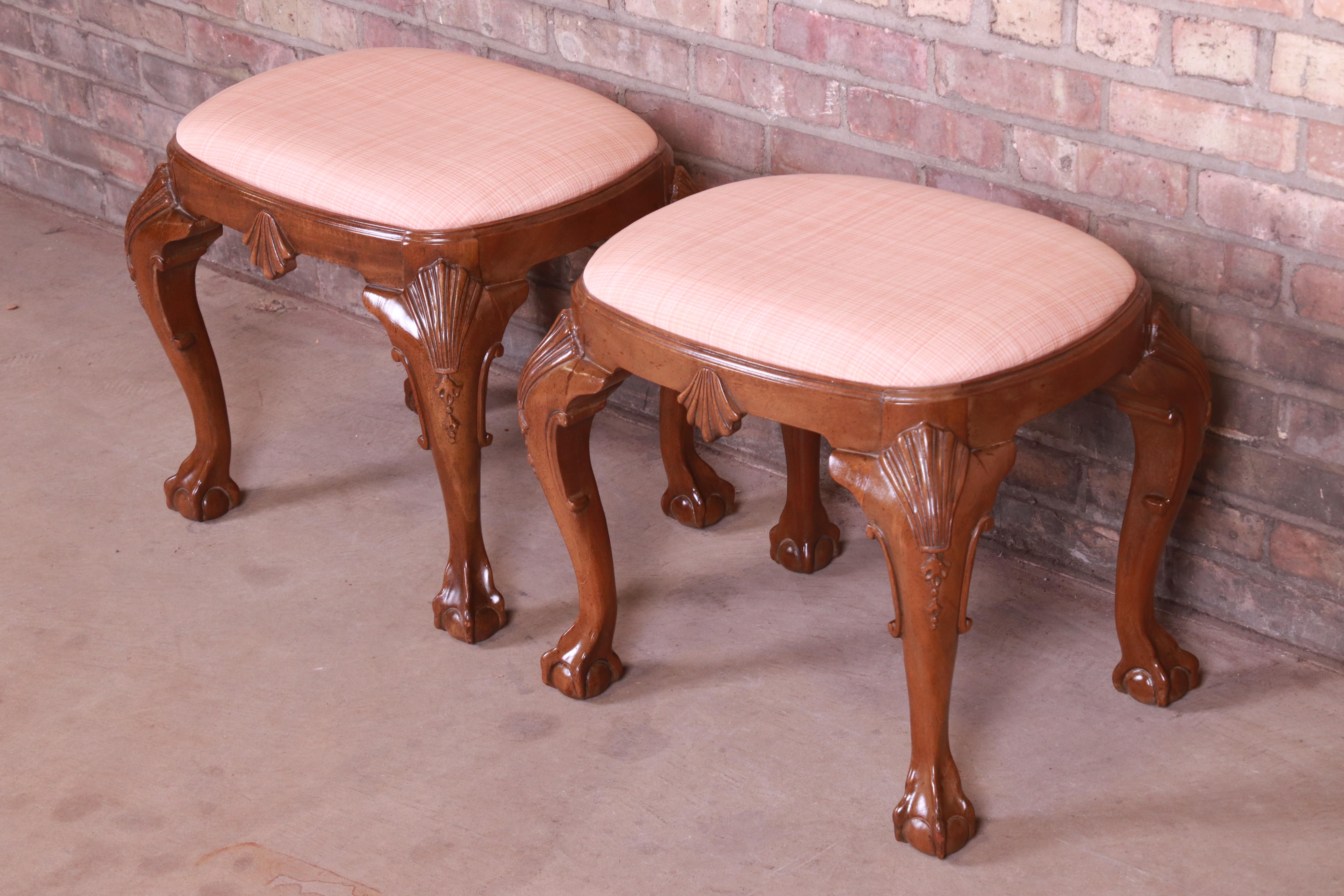 20th Century Baker Furniture Historic Charleston Chippendale Carved Mahogany Stools, Pair