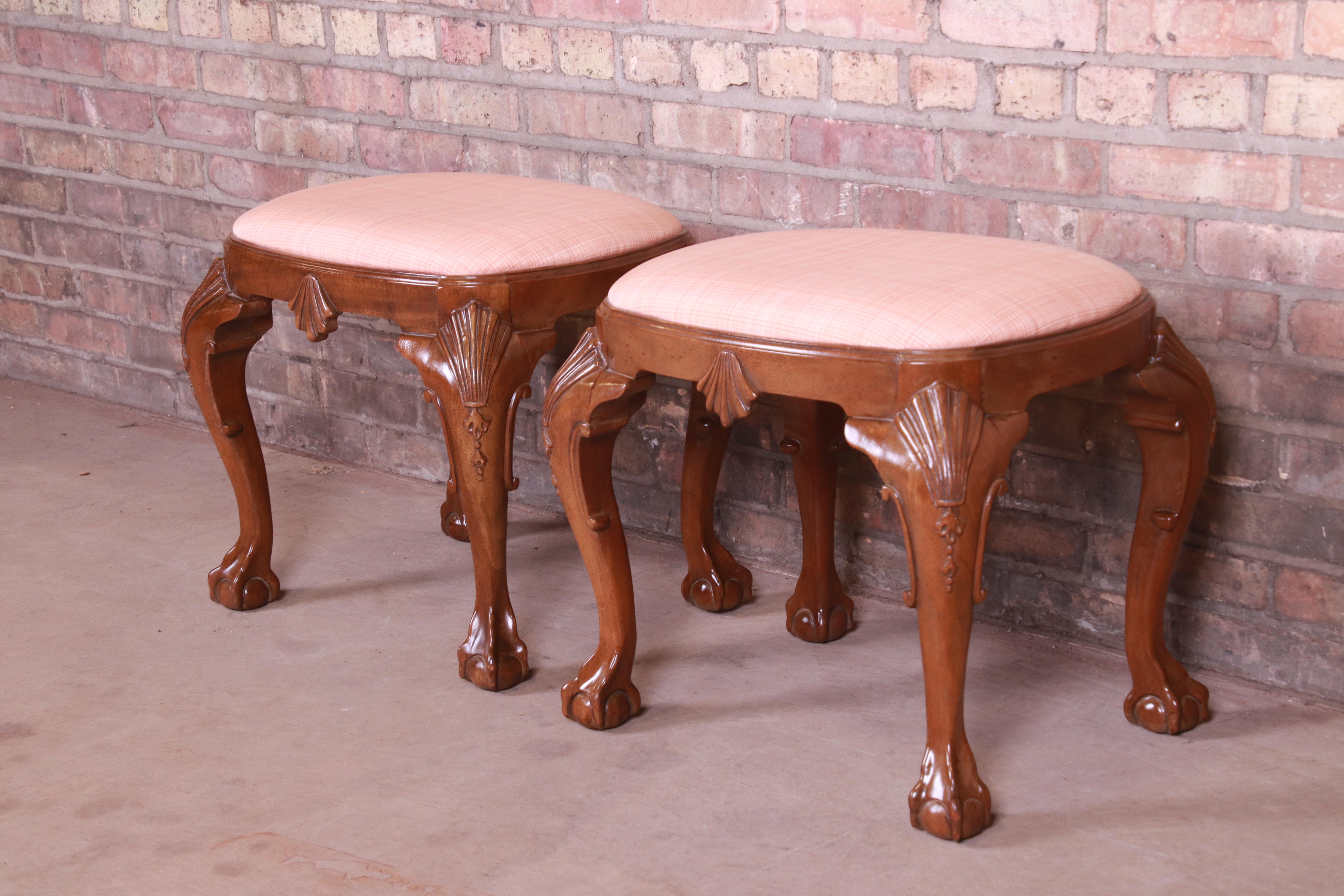 Upholstery Baker Furniture Historic Charleston Chippendale Carved Mahogany Stools, Pair