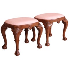 Vintage Baker Furniture Historic Charleston Chippendale Carved Mahogany Stools, Pair