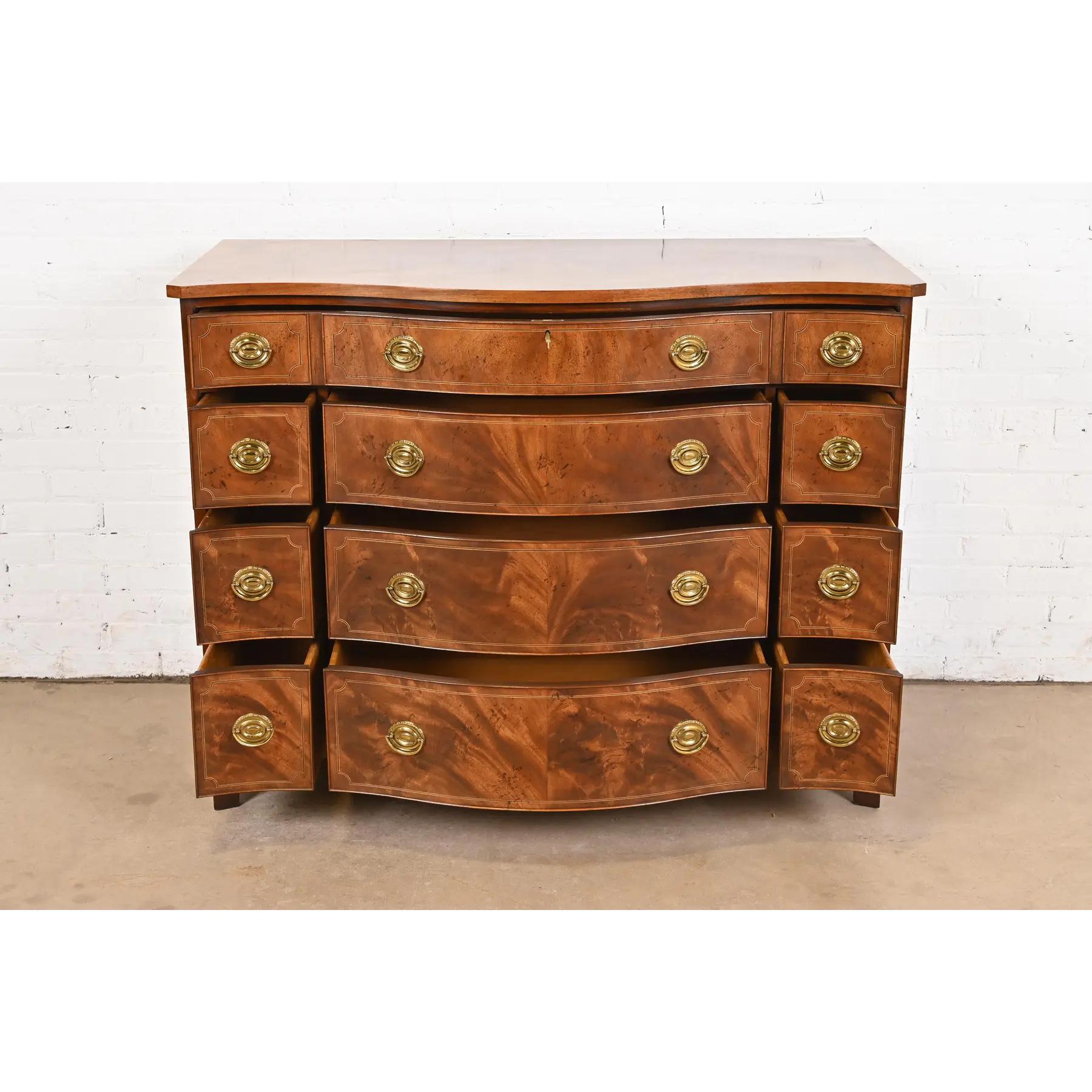 Late 20th Century Baker Furniture Historic Charleston Georgian Inlaid Flame Mahogany Dresser Chest