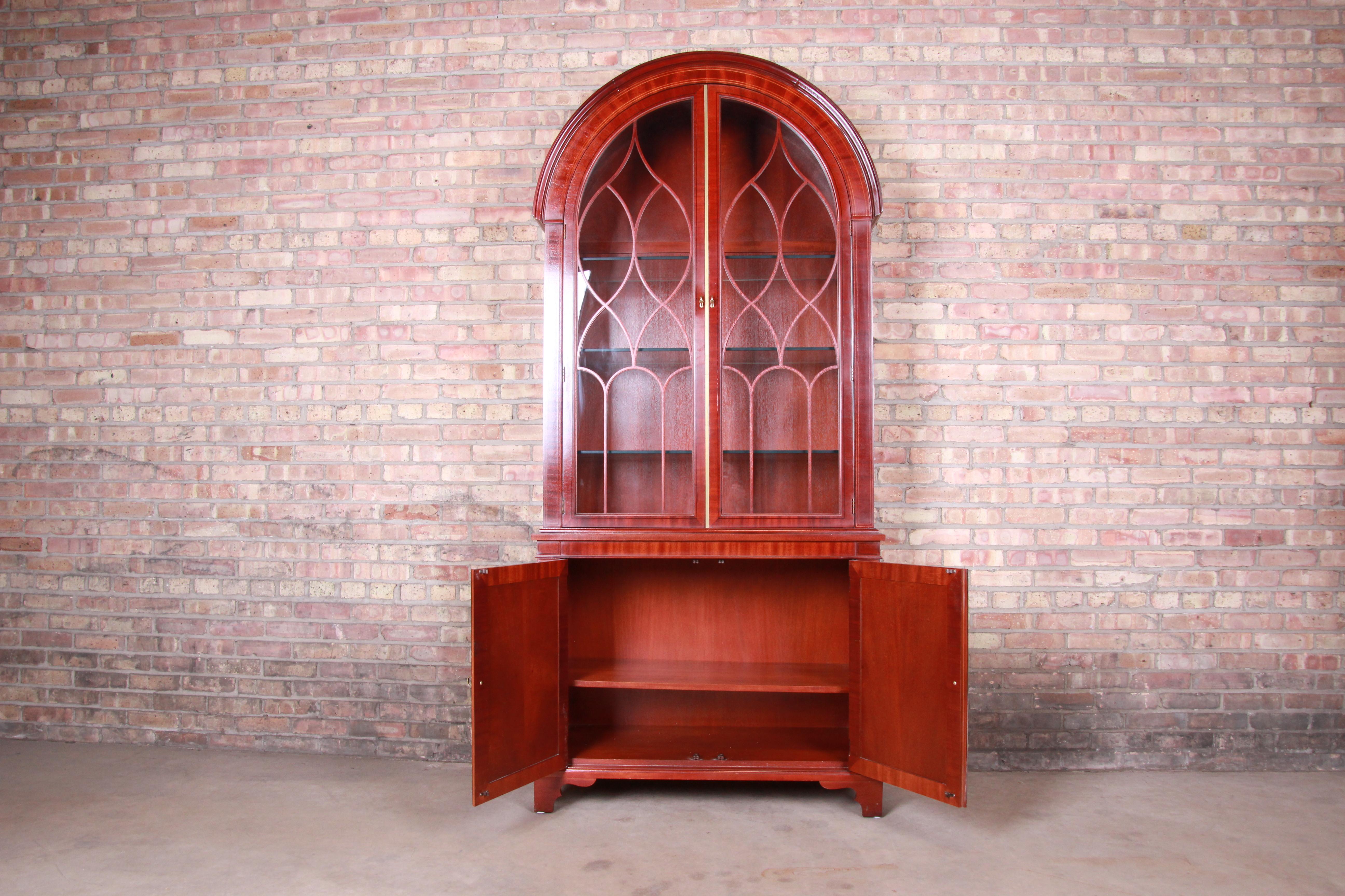 20th Century Baker Furniture Historic Charleston Inlaid Mahogany Arched Top Bookcase Cabinet