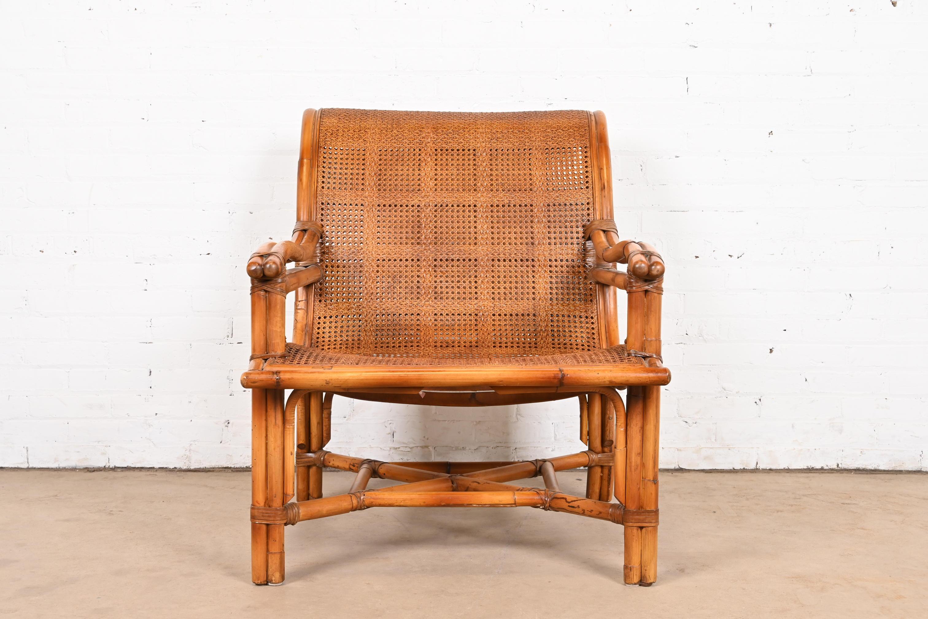 British Colonial Baker Furniture Hollywood Regency Bamboo Rattan and Cane Lounge Chair For Sale