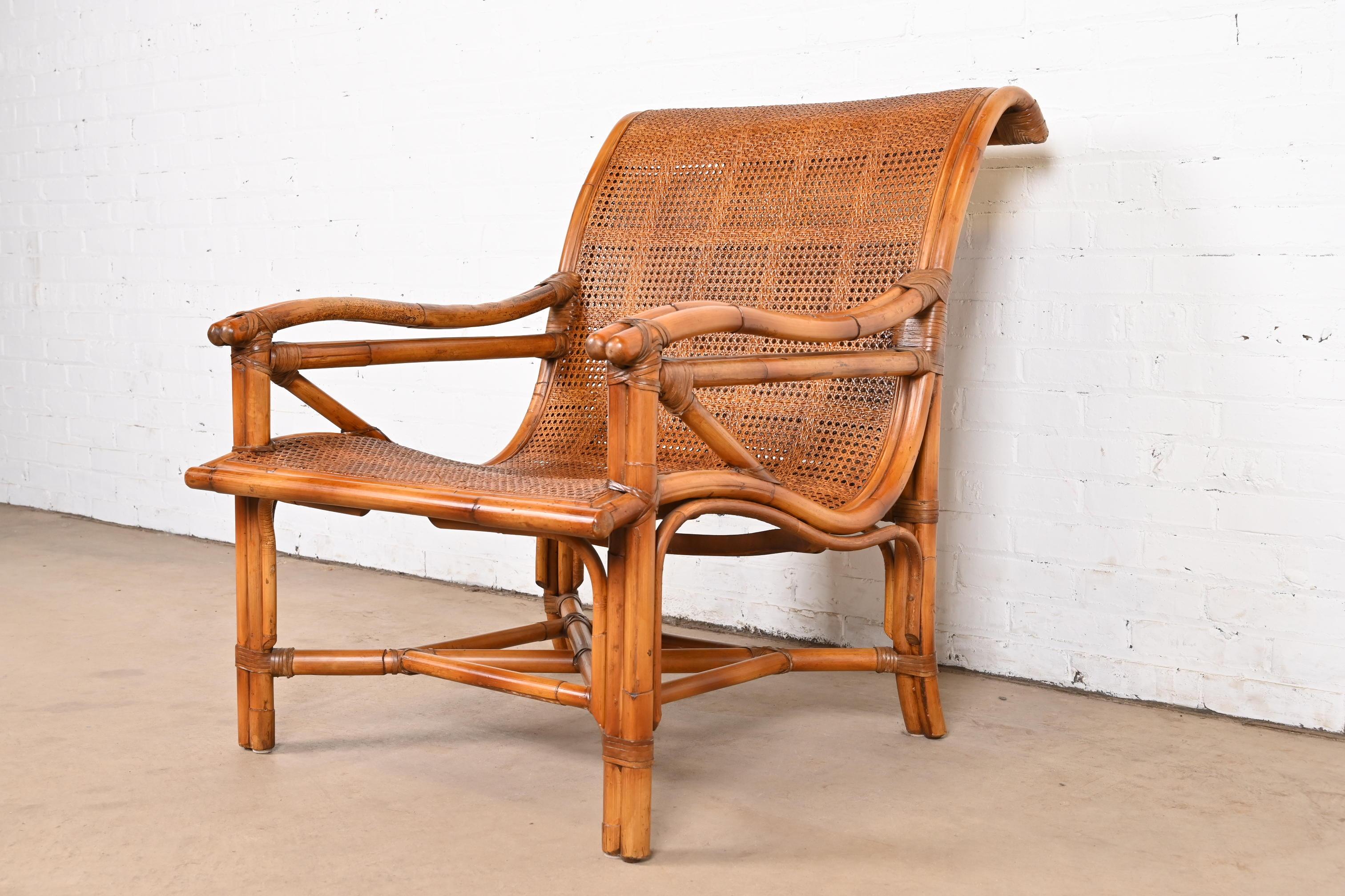 Baker Furniture Hollywood Regency Bamboo Rattan and Cane Lounge Chair In Good Condition For Sale In South Bend, IN