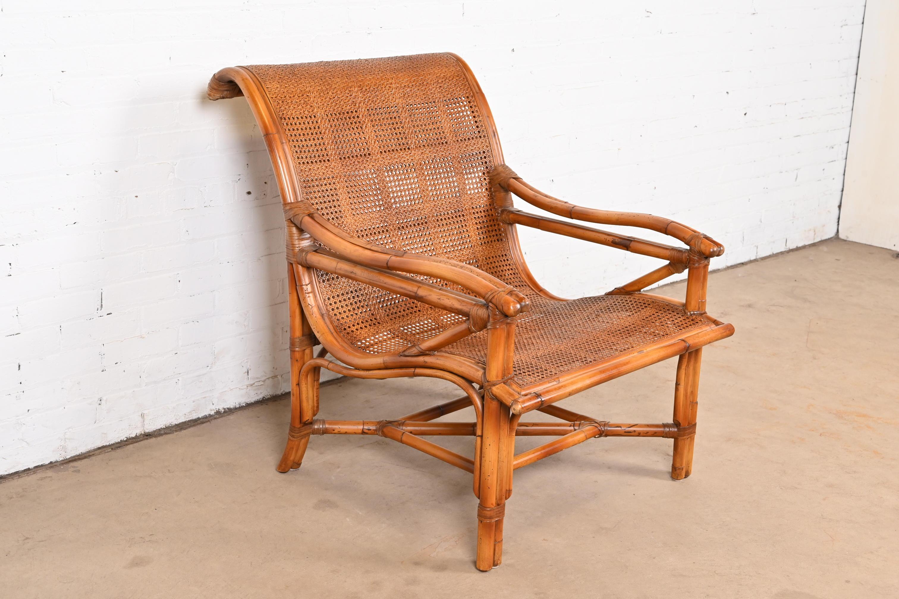 20th Century Baker Furniture Hollywood Regency Bamboo Rattan and Cane Lounge Chair For Sale