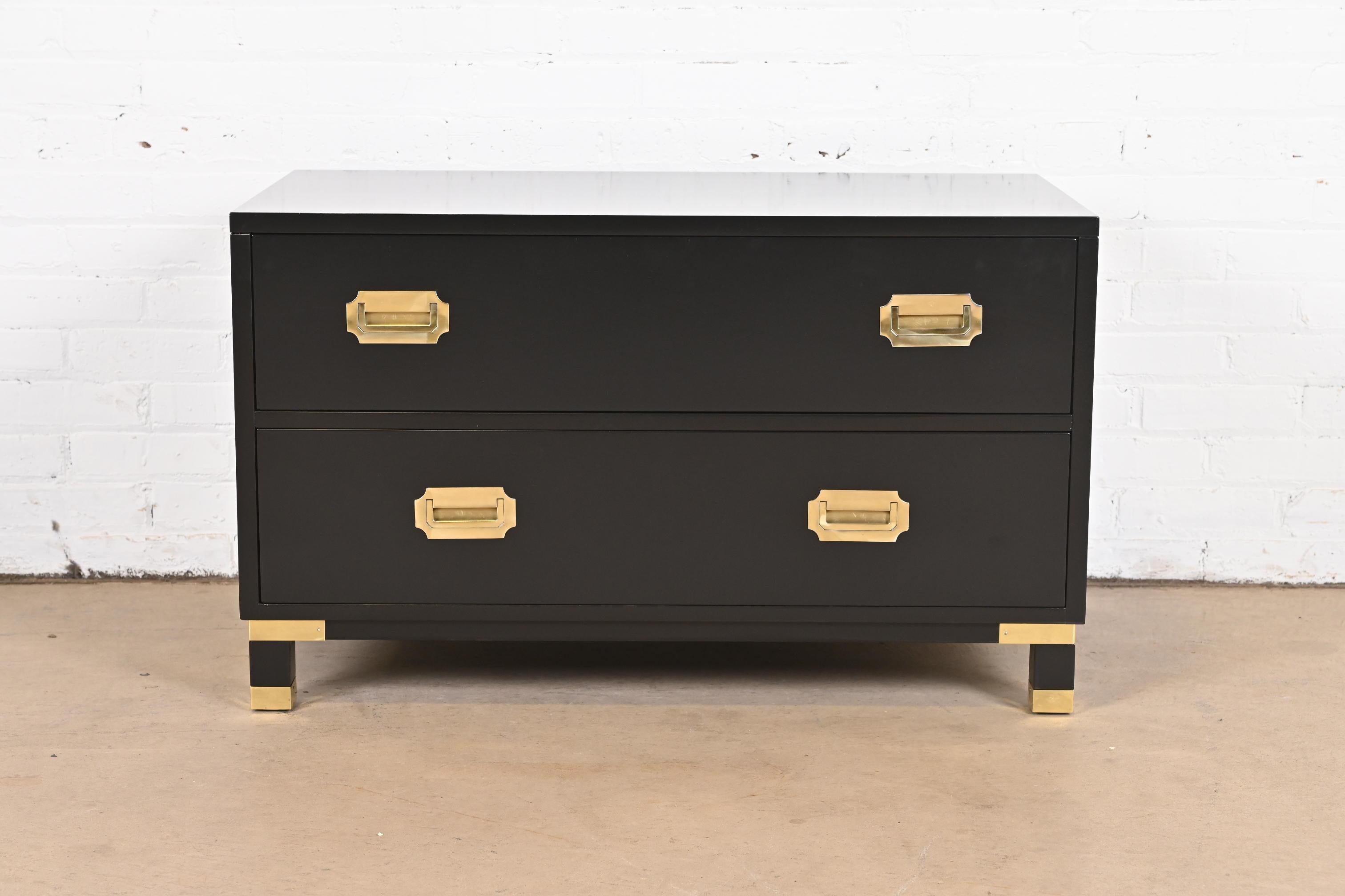 Mid-Century Modern Baker Furniture Hollywood Regency Black Lacquered Campaign Chest of Drawers For Sale