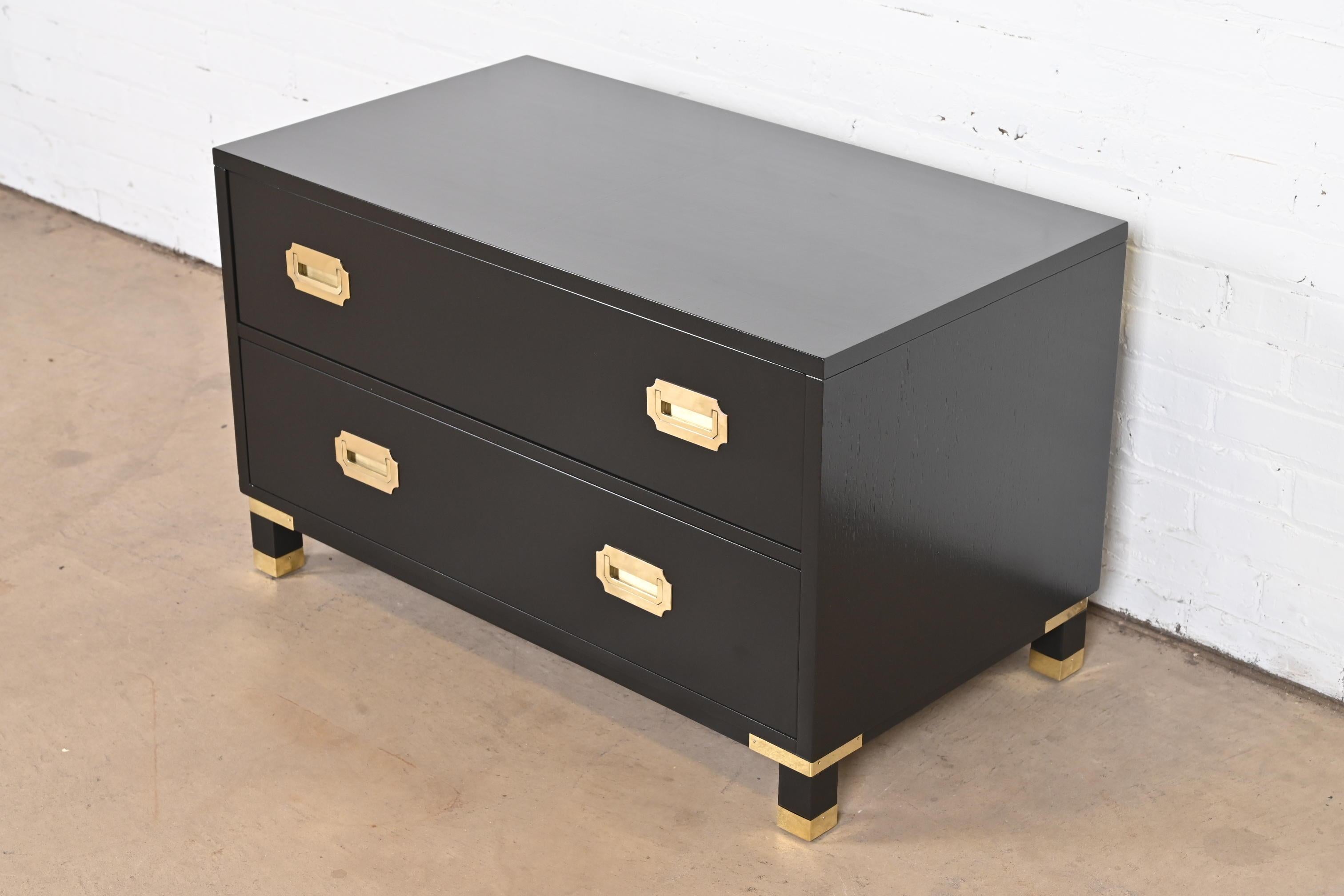 American Baker Furniture Hollywood Regency Black Lacquered Campaign Chest of Drawers For Sale