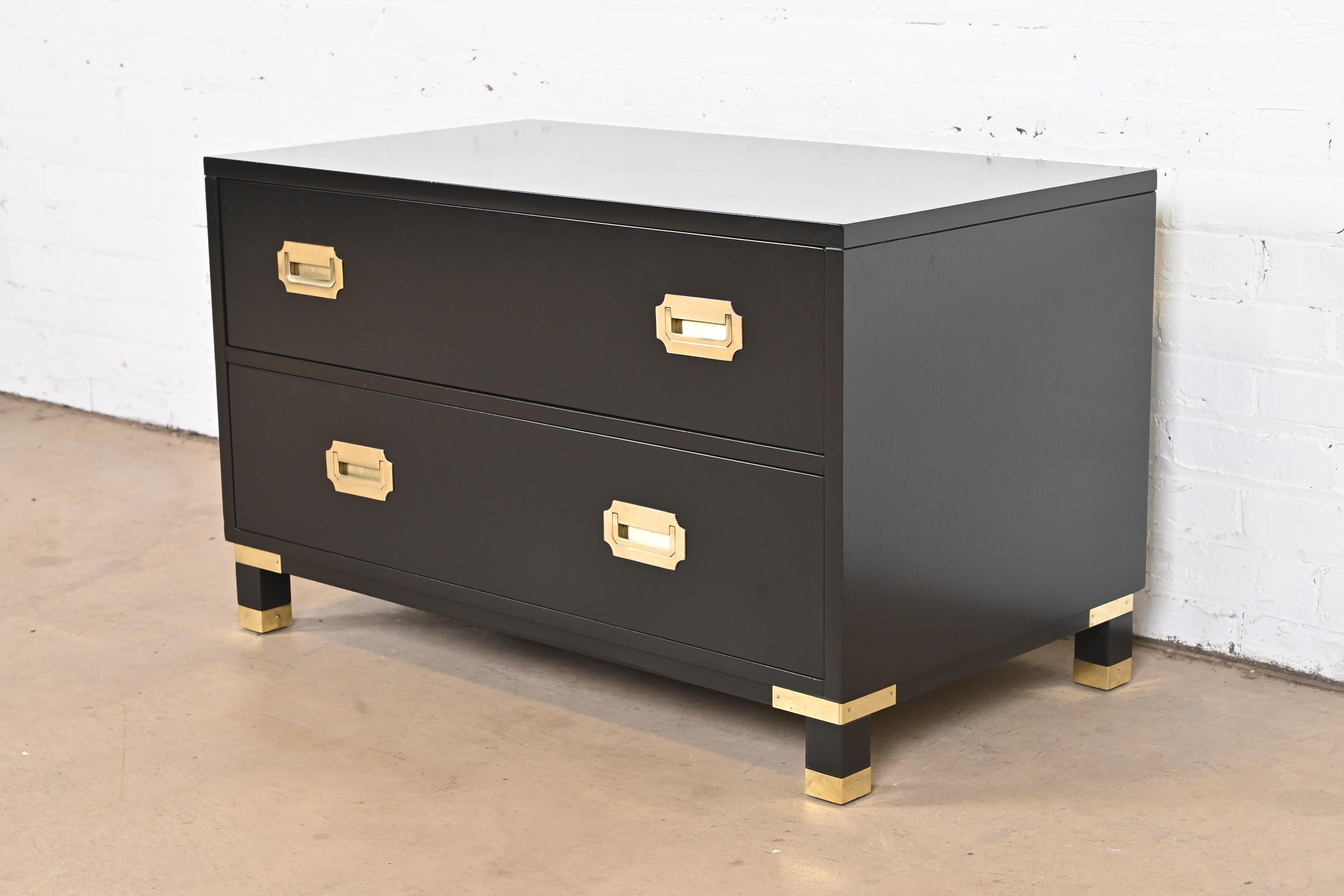 Baker Furniture Hollywood Regency Black Lacquered Campaign Chest of Drawers In Good Condition For Sale In South Bend, IN