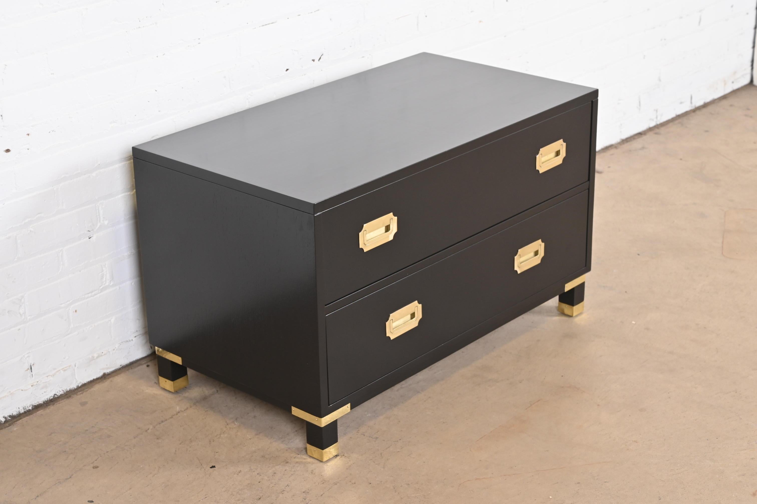 Mid-20th Century Baker Furniture Hollywood Regency Black Lacquered Campaign Chest of Drawers For Sale