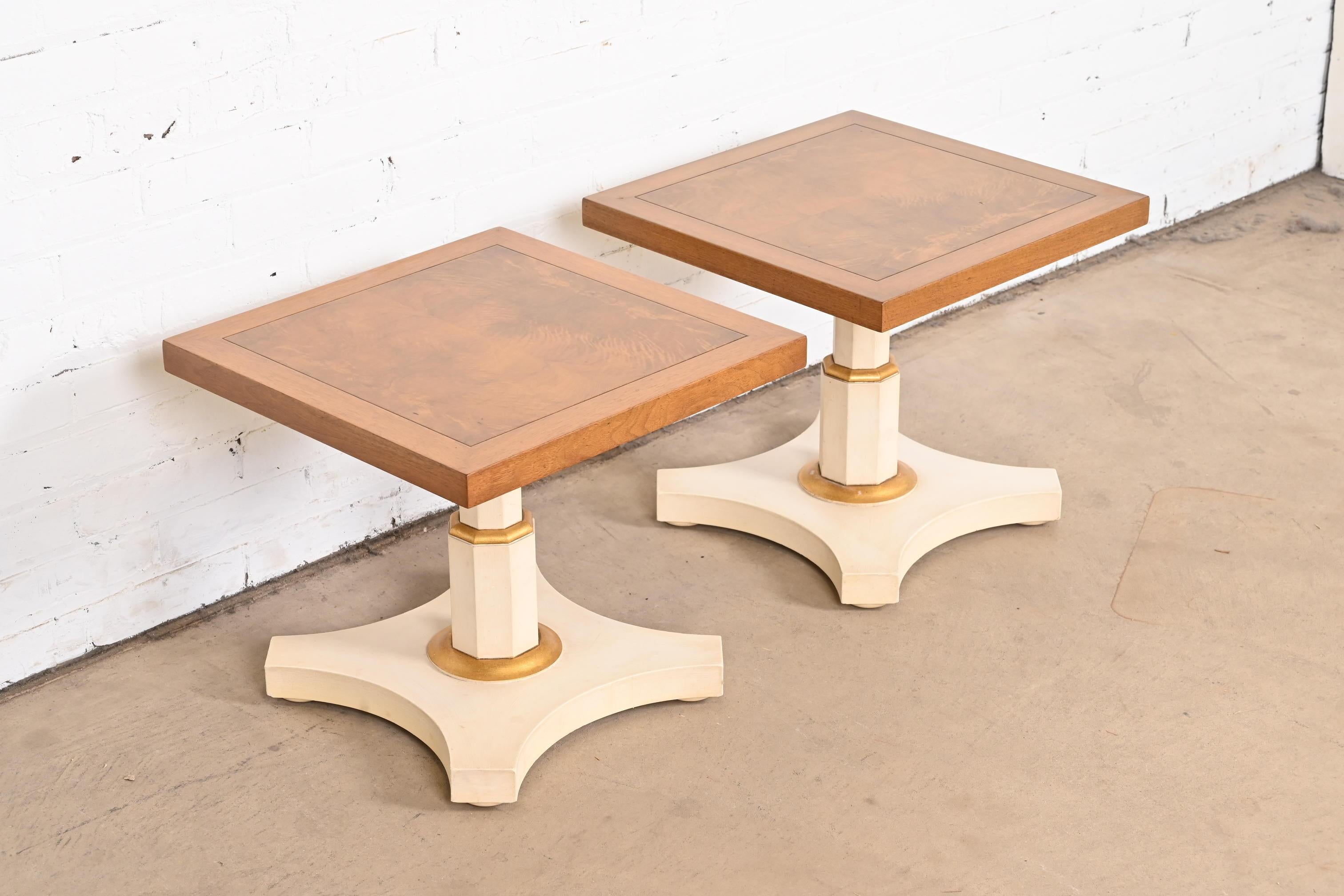 Mid-20th Century Baker Furniture Hollywood Regency Burled Walnut and Parcel Painted Side Tables For Sale