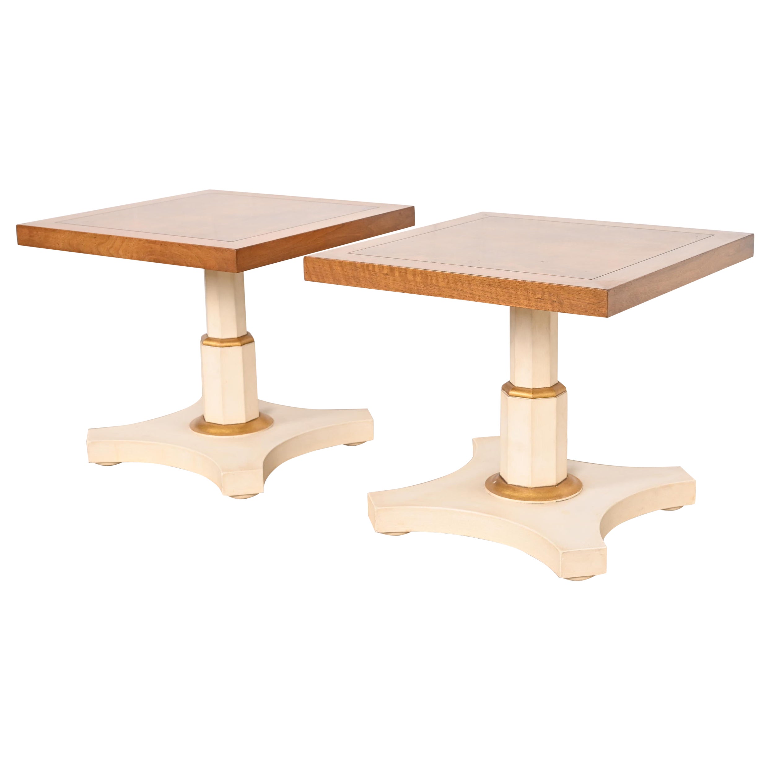 Baker Furniture Hollywood Regency Burled Walnut and Parcel Painted Side Tables