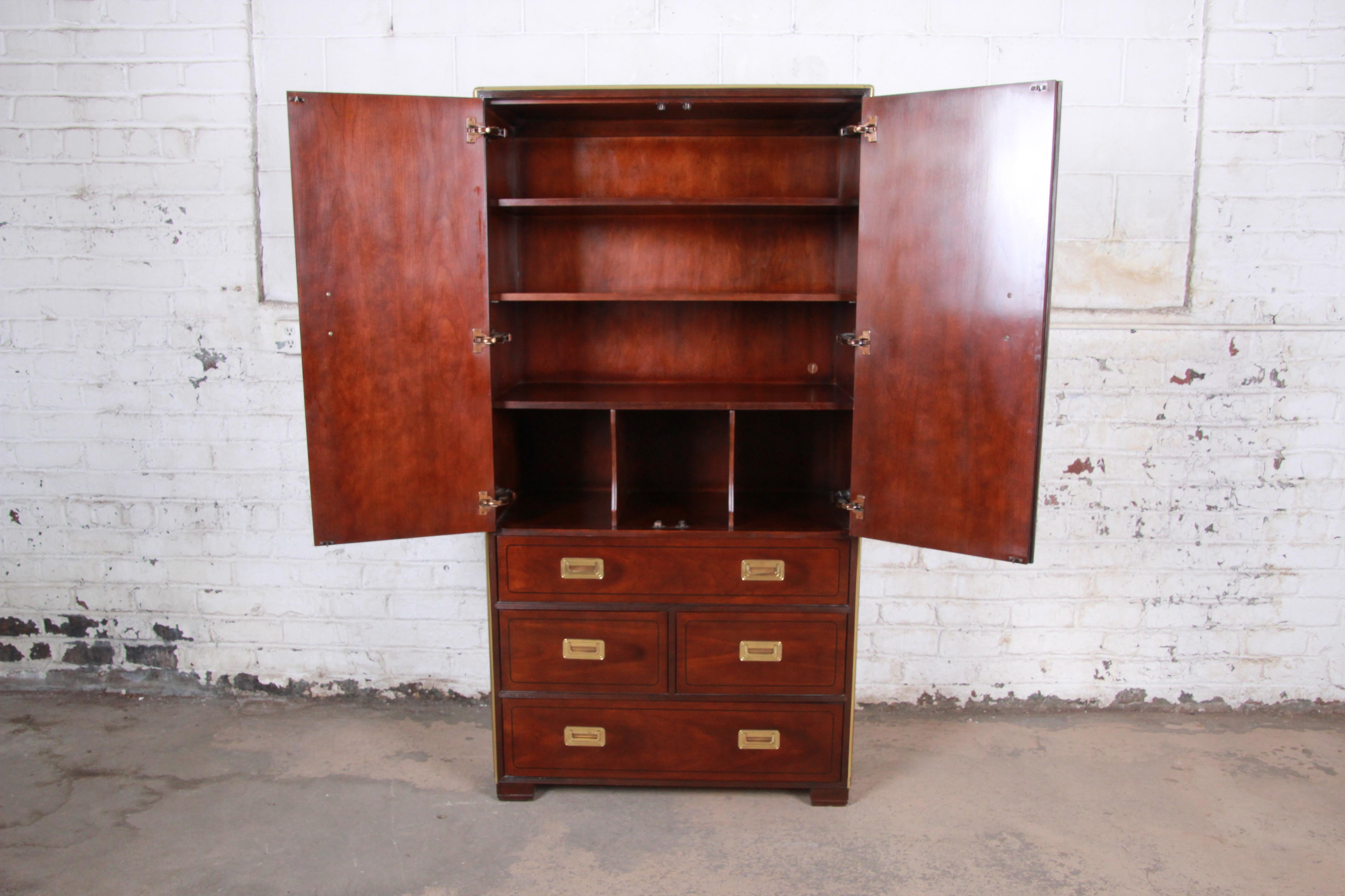 American Baker Furniture Hollywood Regency Campaign Cherry and Brass Armoire Dresser