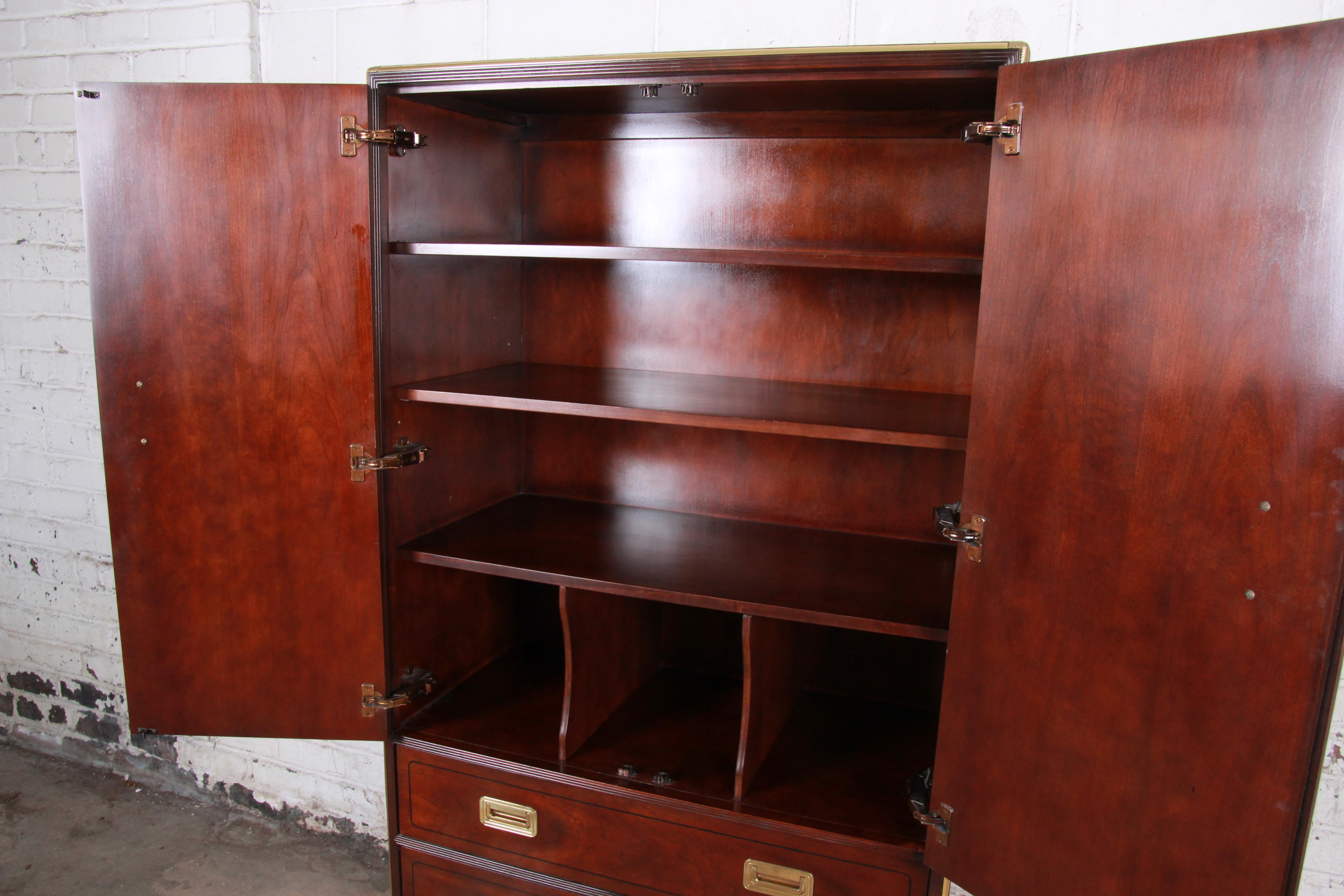 Baker Furniture Hollywood Regency Campaign Cherry and Brass Armoire Dresser In Good Condition In South Bend, IN
