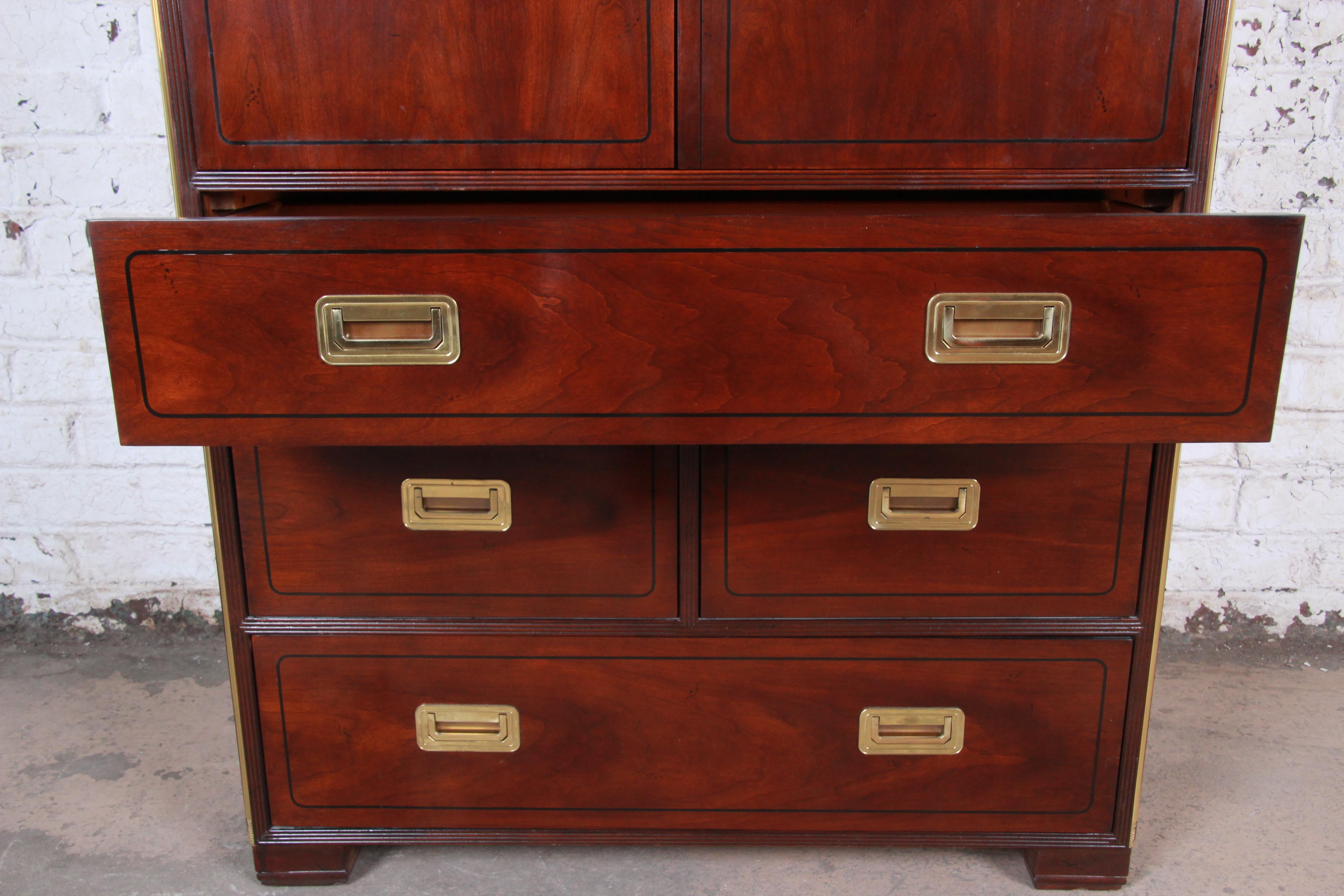 Late 20th Century Baker Furniture Hollywood Regency Campaign Cherry and Brass Armoire Dresser