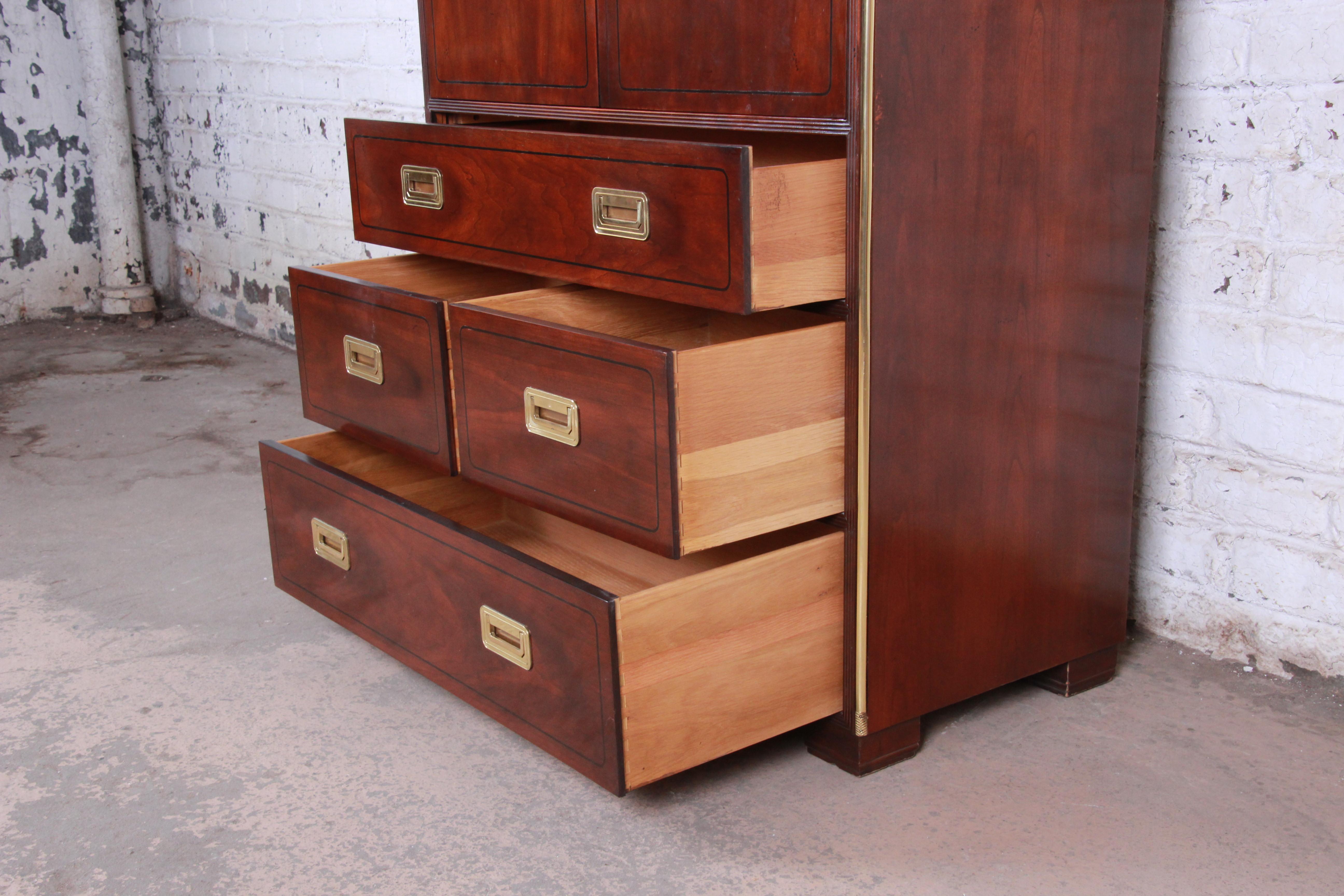 Baker Furniture Hollywood Regency Campaign Cherry and Brass Armoire Dresser 1