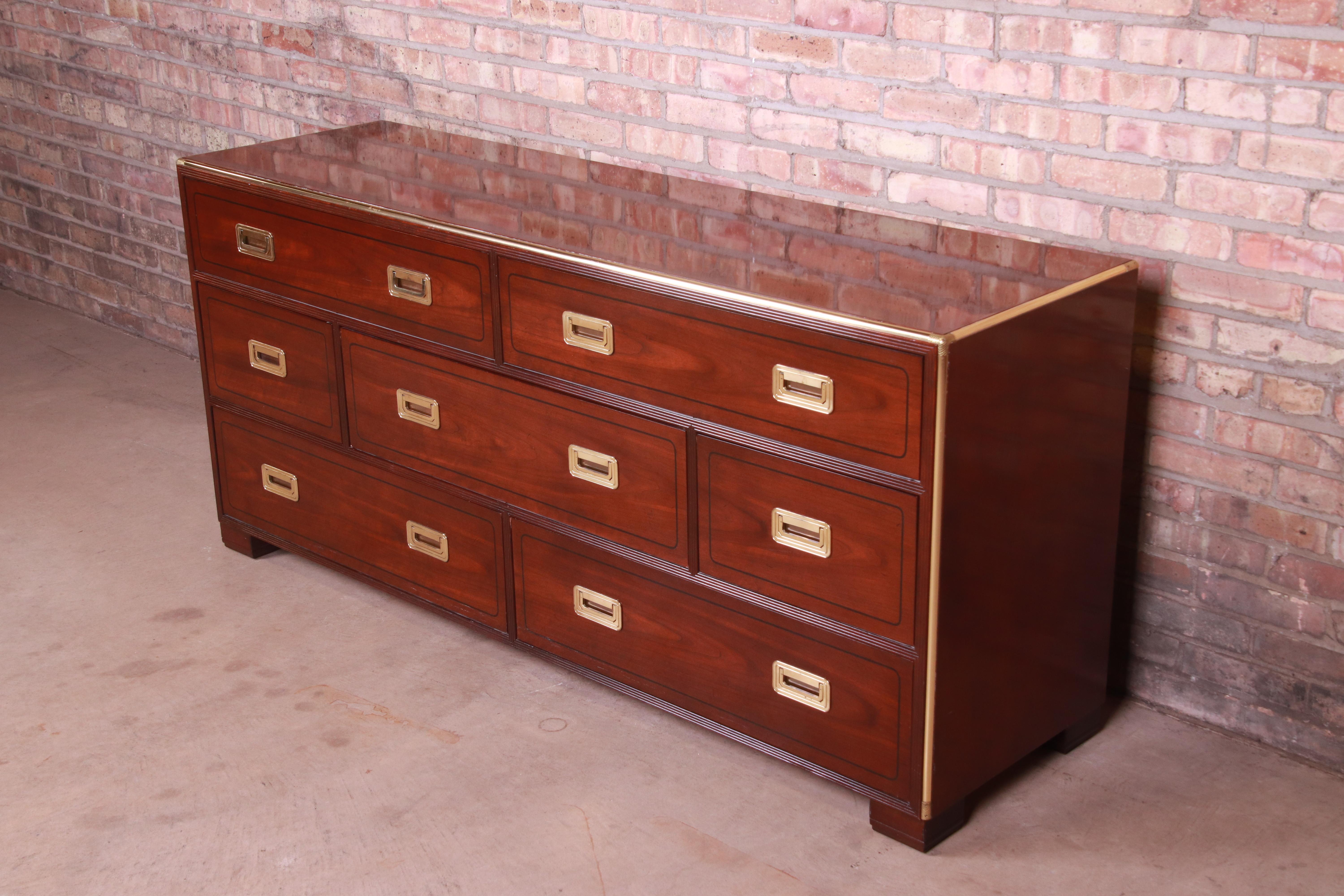 Baker Furniture Hollywood Regency Campaign Mahogany and Brass Dresser In Good Condition In South Bend, IN