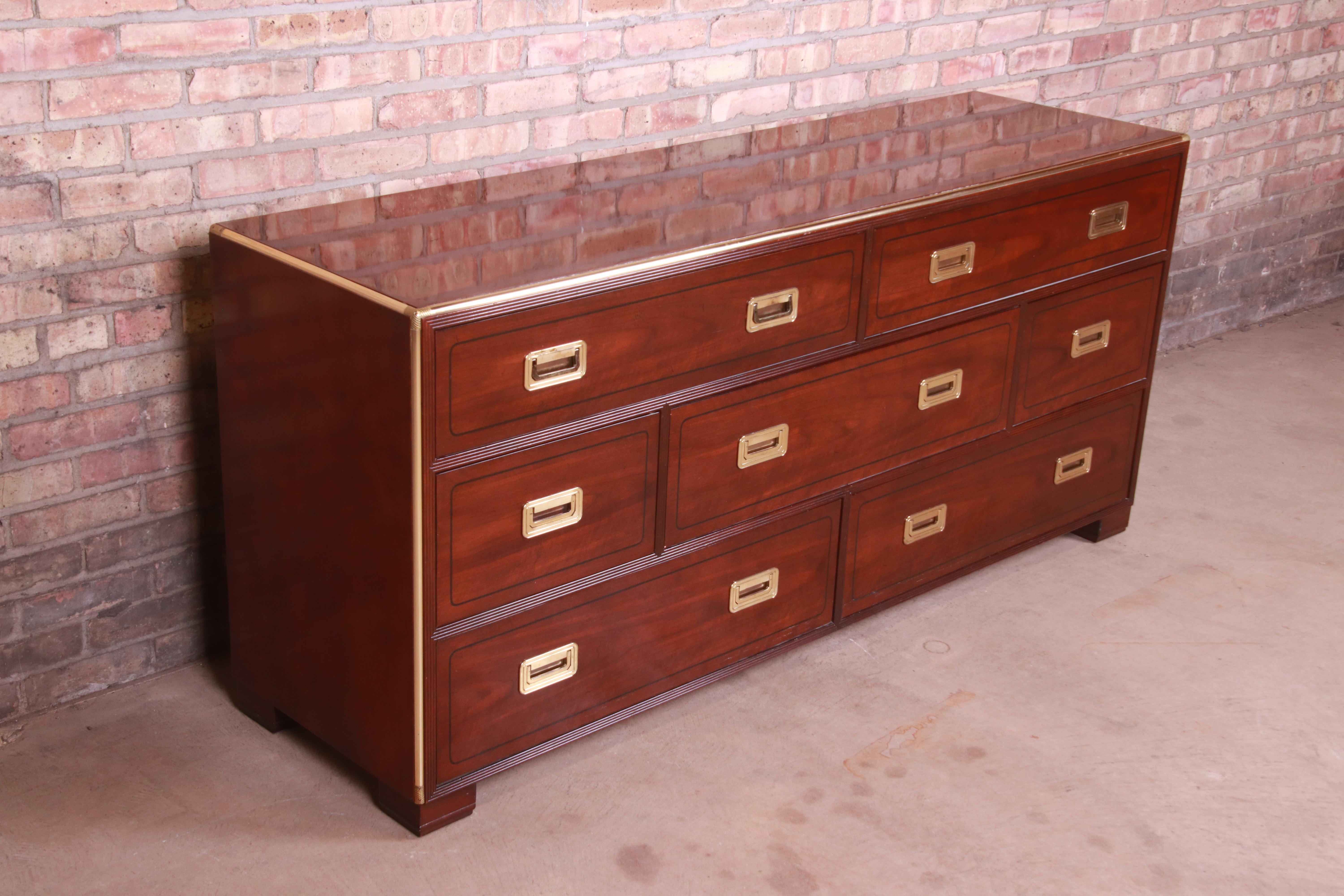 Late 20th Century Baker Furniture Hollywood Regency Campaign Mahogany and Brass Dresser