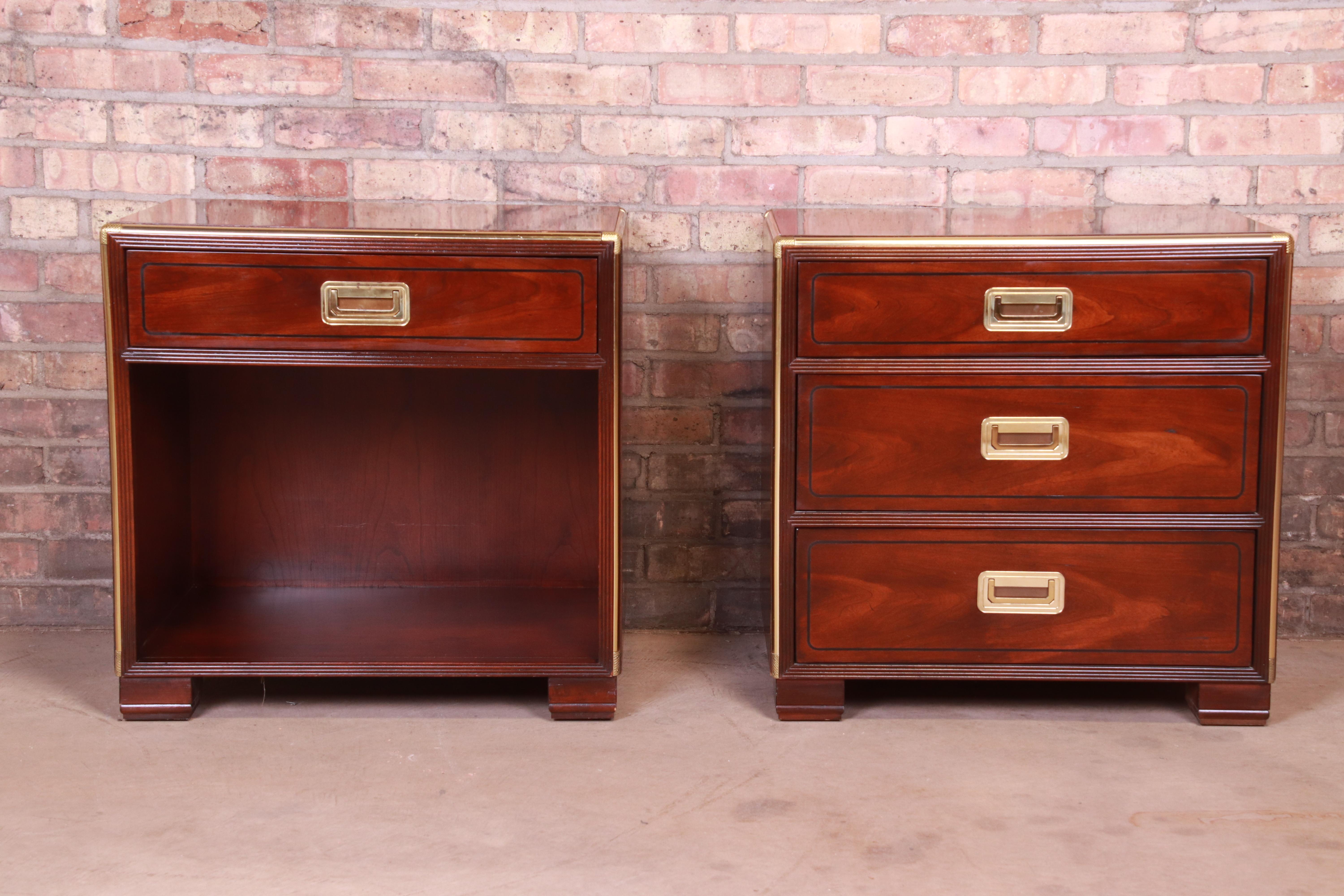 Mid-Century Modern Baker Furniture Hollywood Regency Campaign Mahogany and Brass Nightstands, Pair