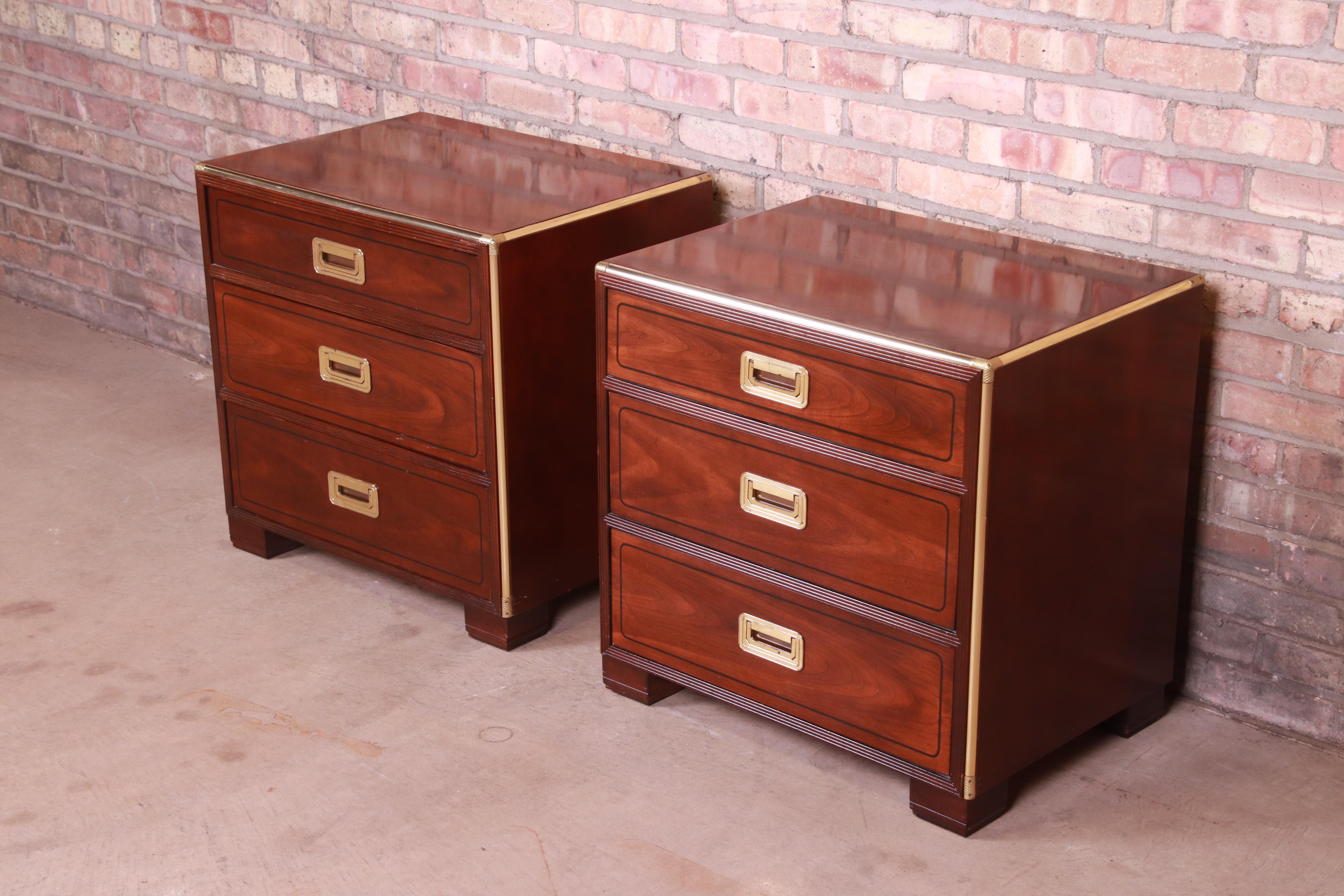 American Baker Furniture Hollywood Regency Campaign Mahogany and Brass Nightstands, Pair