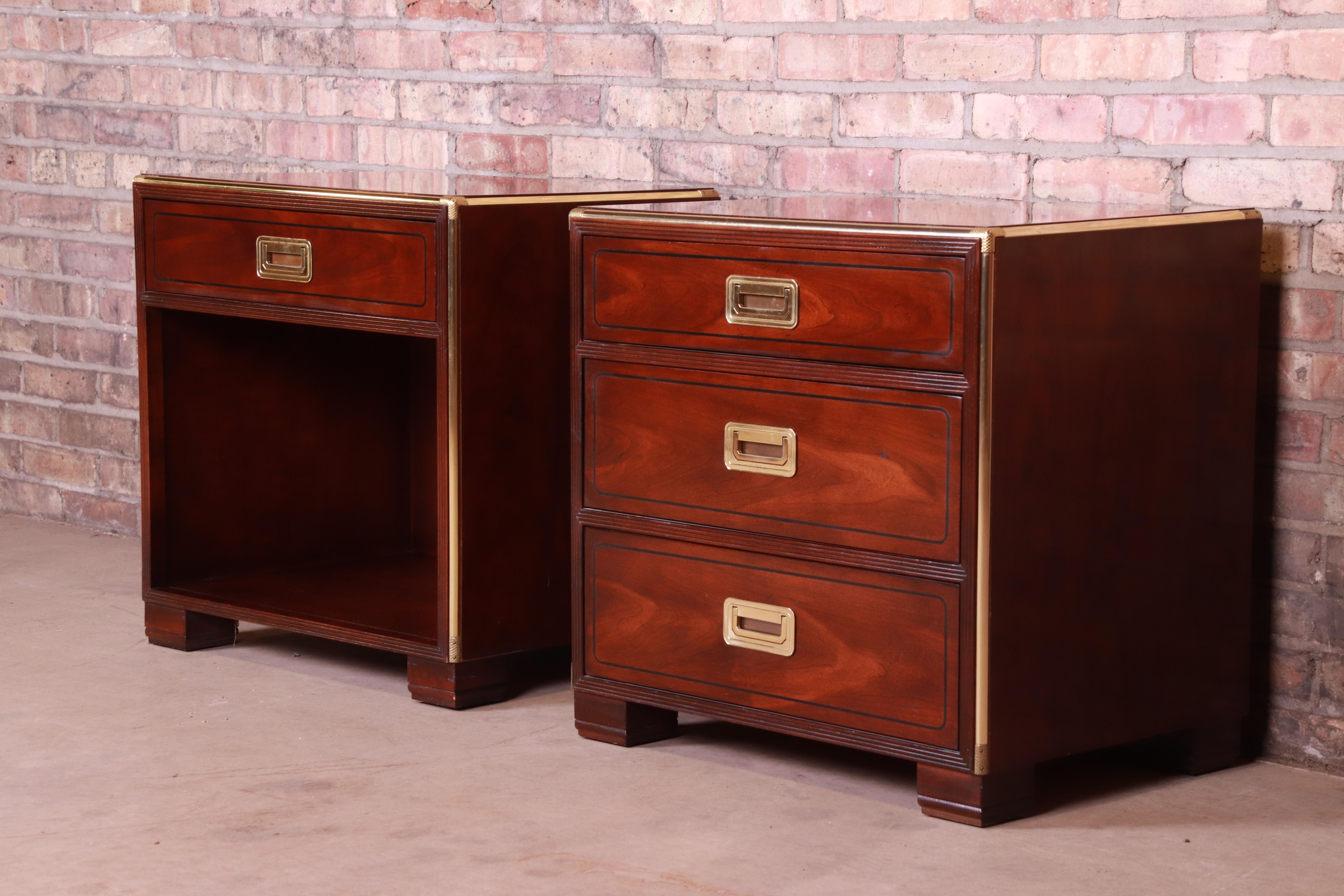 American Baker Furniture Hollywood Regency Campaign Mahogany and Brass Nightstands, Pair