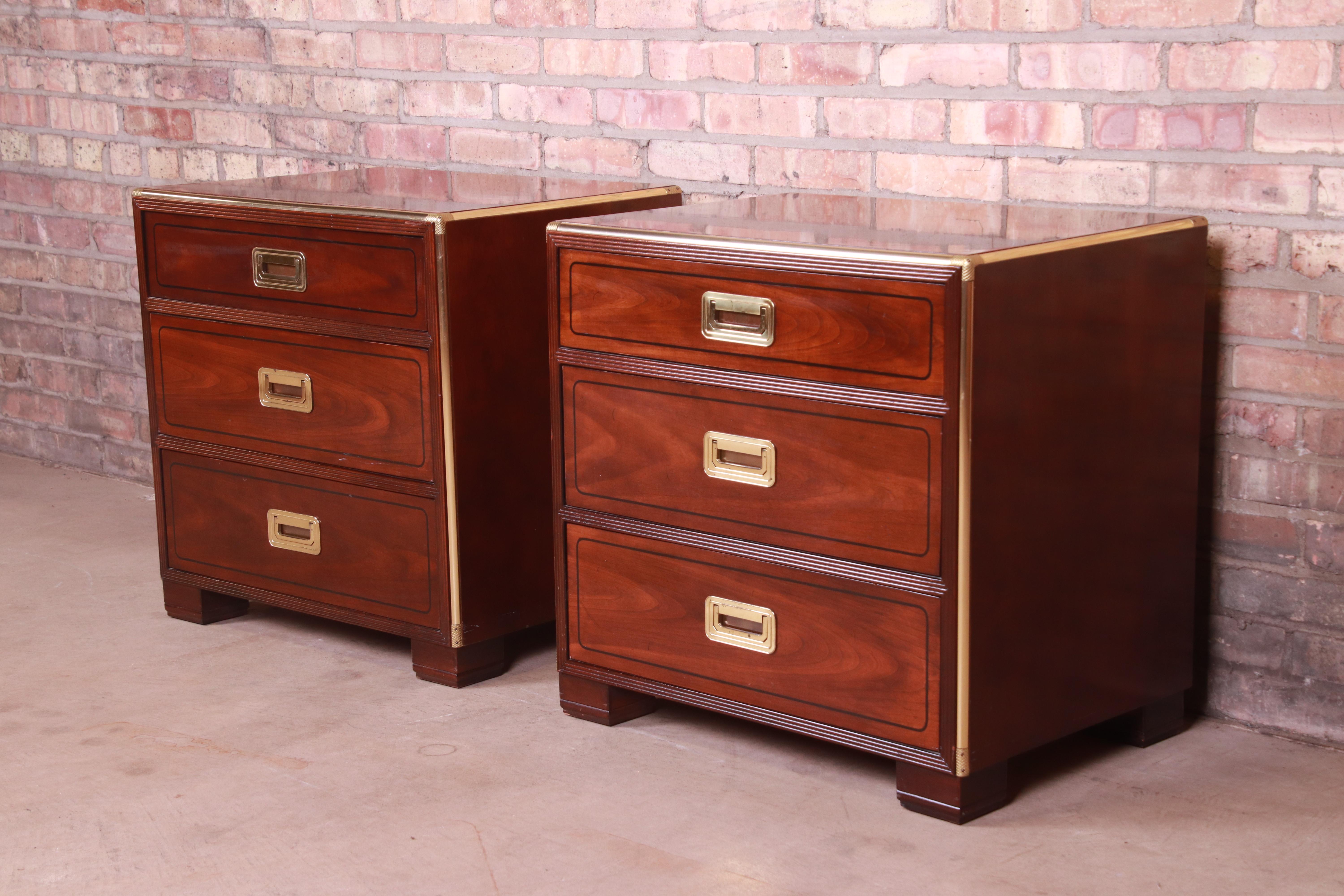 Baker Furniture Hollywood Regency Campaign Mahogany and Brass Nightstands, Pair In Good Condition In South Bend, IN