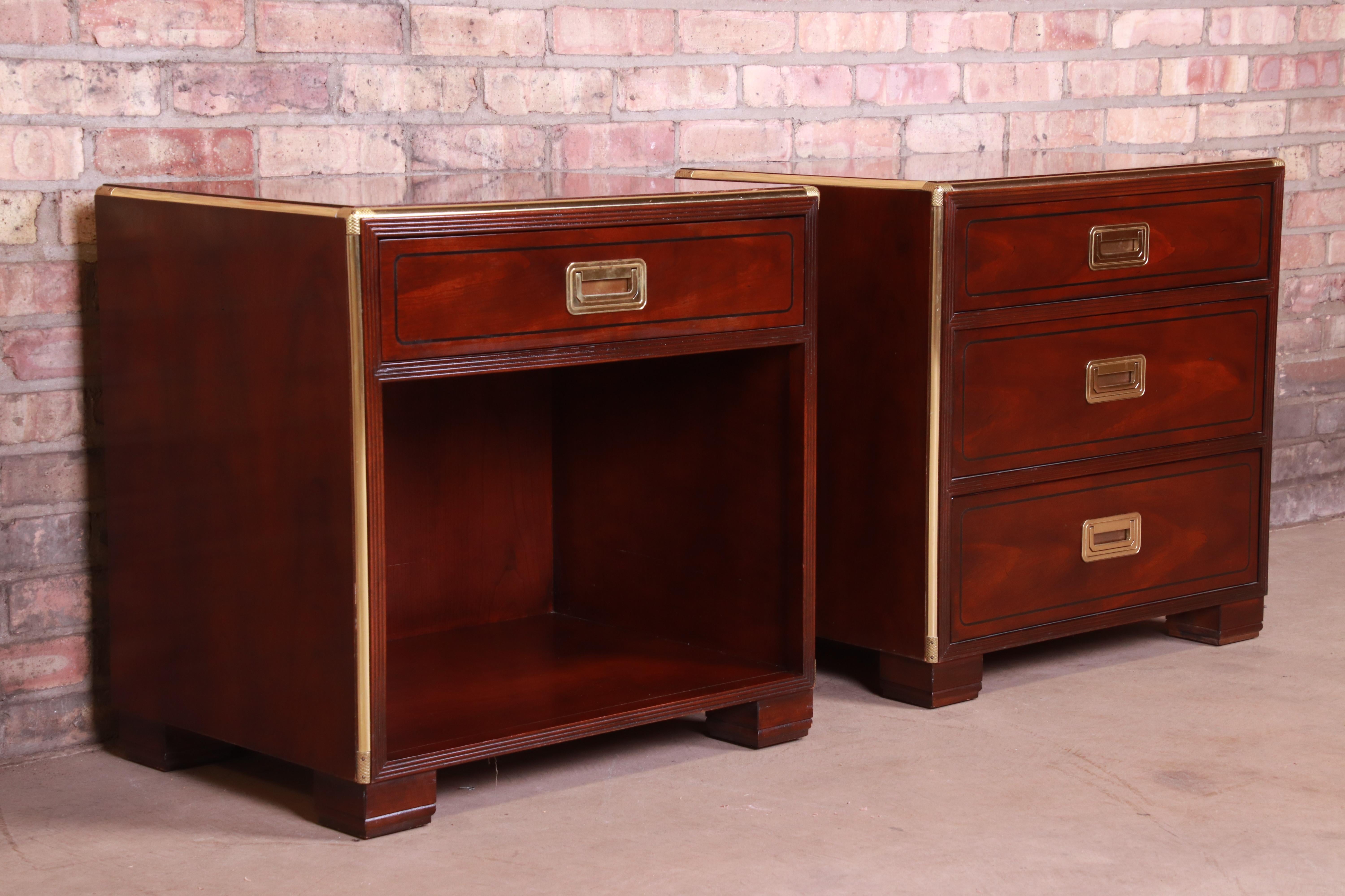 Baker Furniture Hollywood Regency Campaign Mahogany and Brass Nightstands, Pair In Good Condition In South Bend, IN
