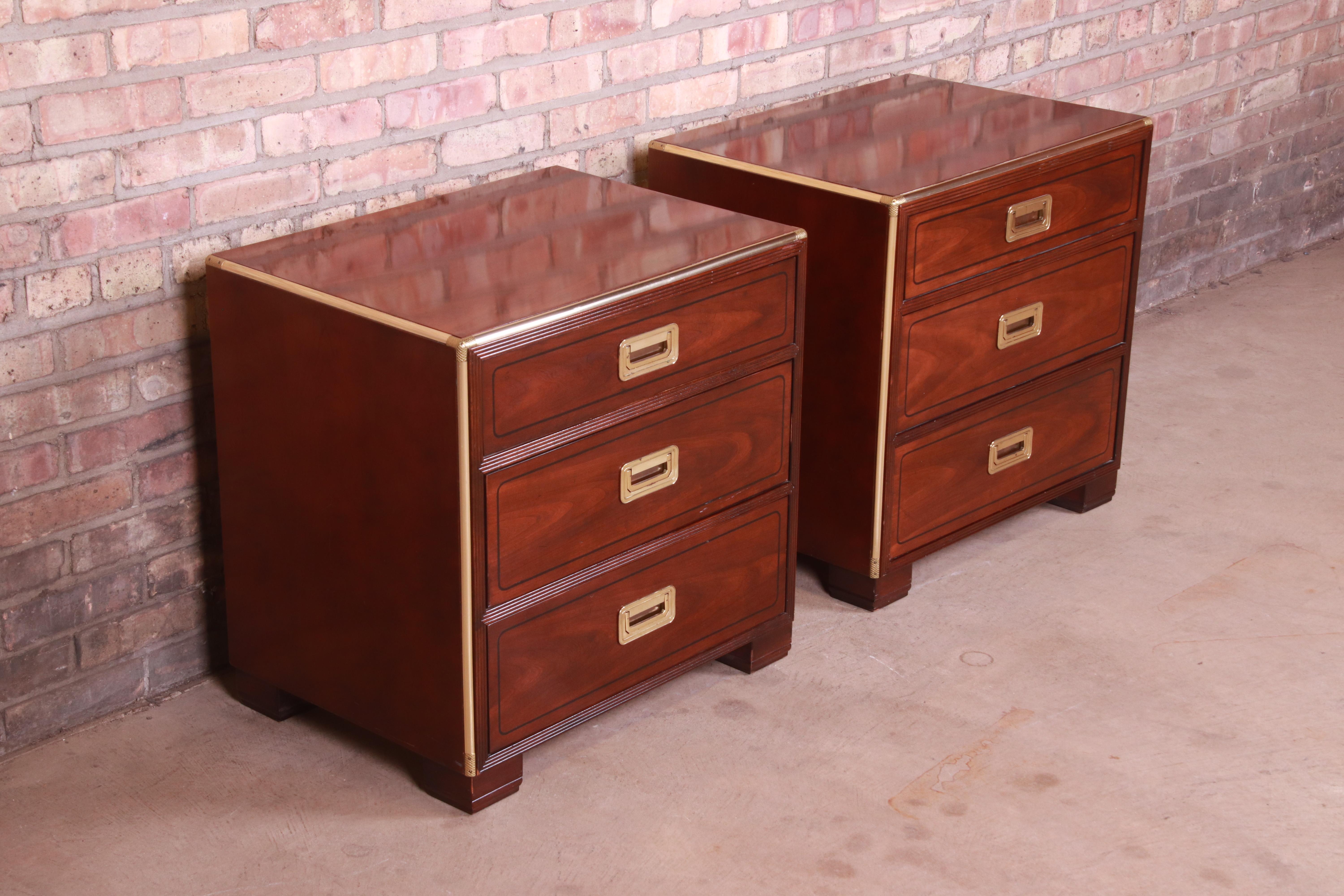 Late 20th Century Baker Furniture Hollywood Regency Campaign Mahogany and Brass Nightstands, Pair