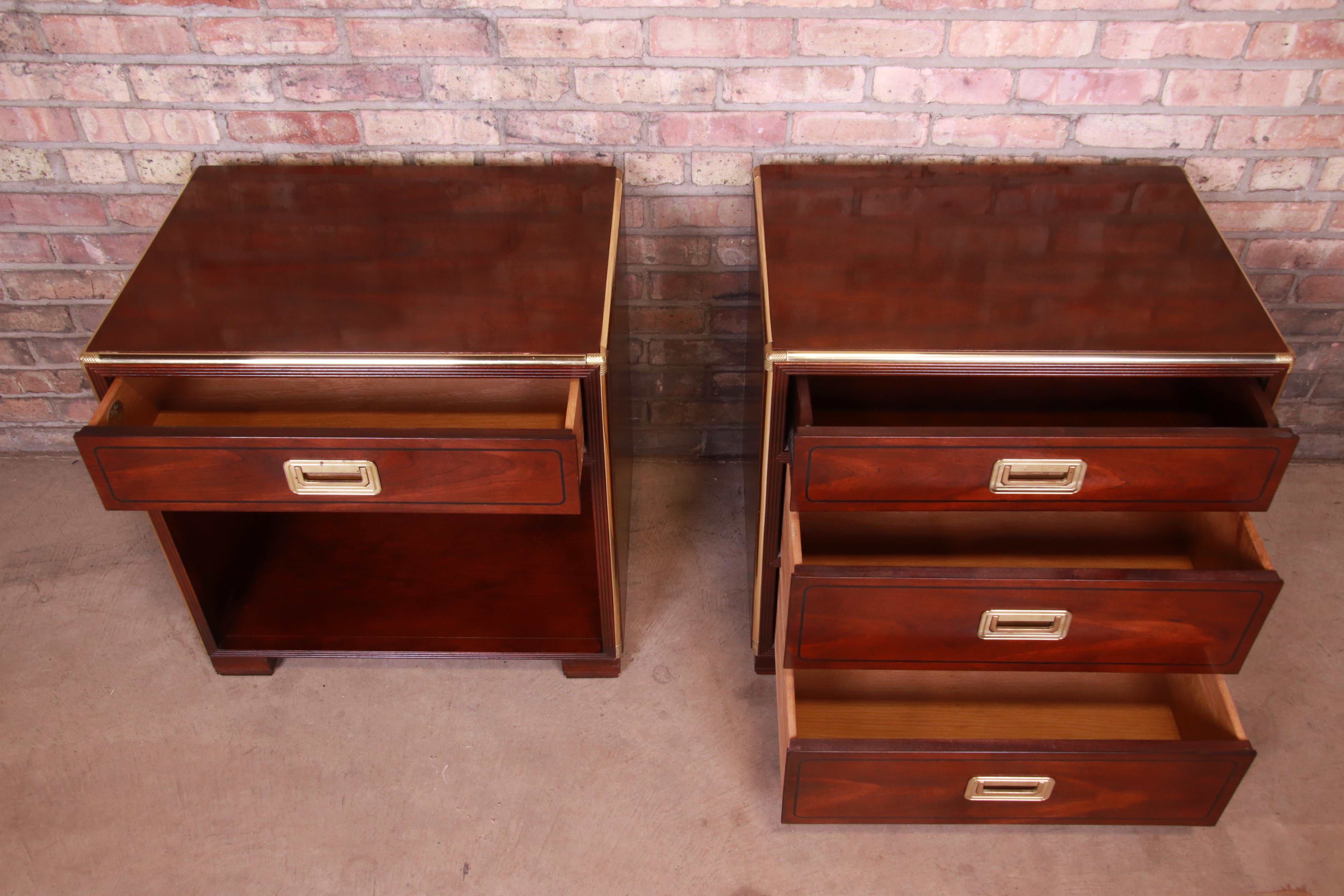 Late 20th Century Baker Furniture Hollywood Regency Campaign Mahogany and Brass Nightstands, Pair