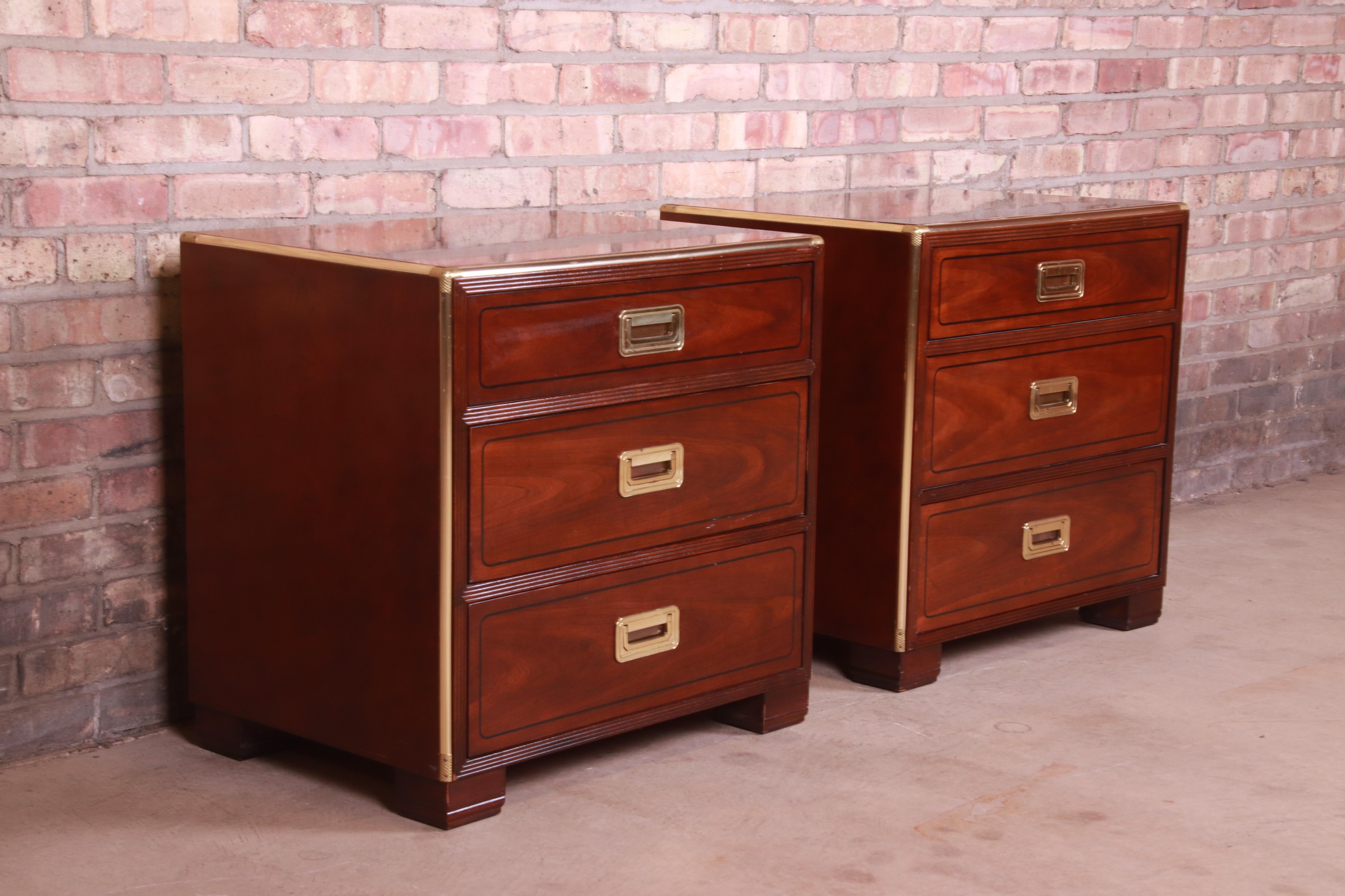 Baker Furniture Hollywood Regency Campaign Mahogany and Brass Nightstands, Pair 1