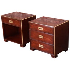 Baker Furniture Hollywood Regency Campaign Mahogany and Brass Nightstands, Pair