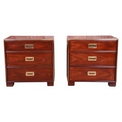 Baker Furniture Hollywood Regency Campaign Mahogany and Brass Nightstands, Pair