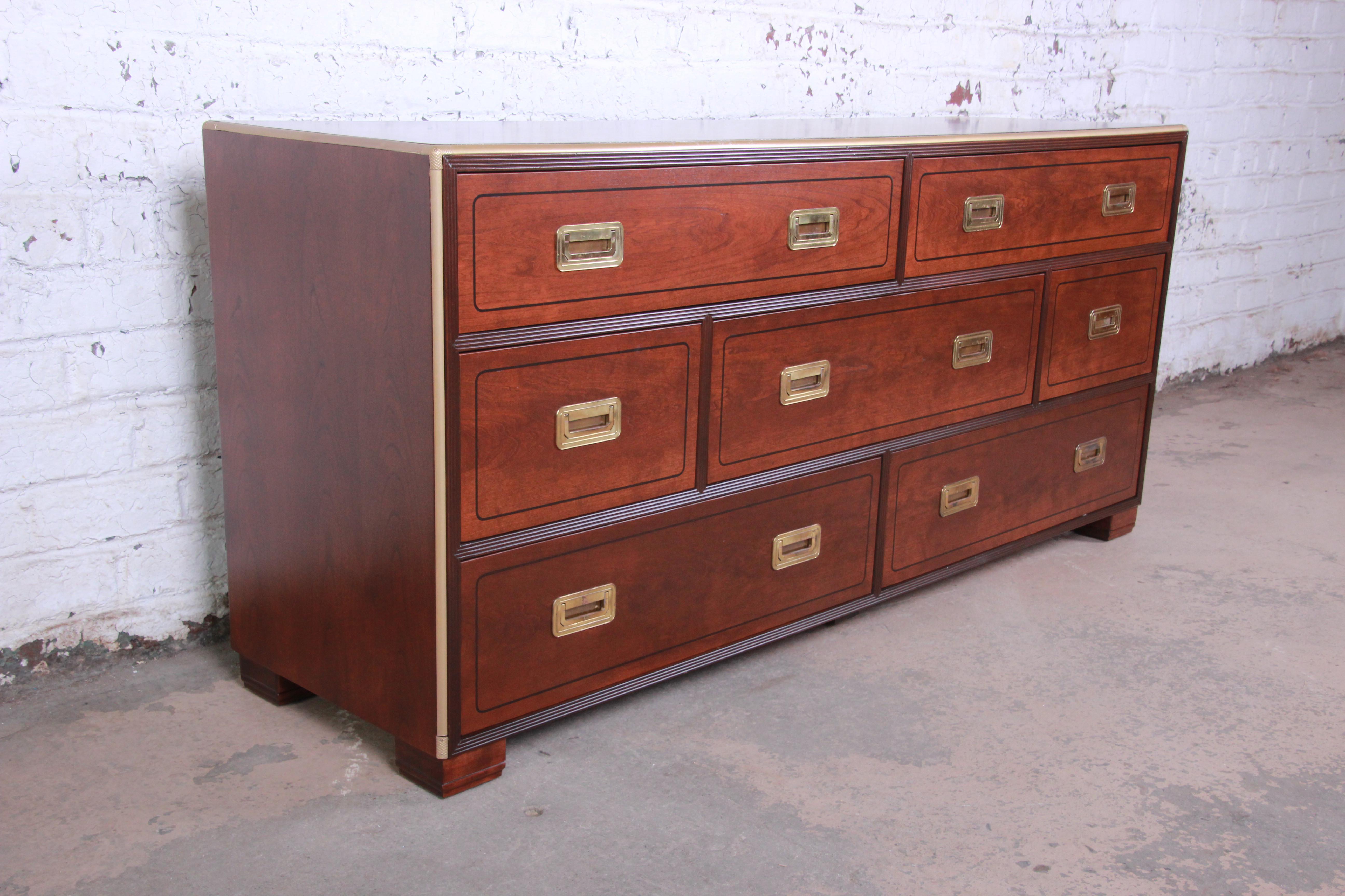 American Baker Furniture Hollywood Regency Campaign Style Walnut and Brass Long Dresser