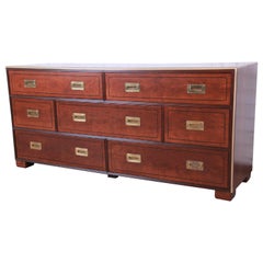 Baker Furniture Hollywood Regency Campaign Style Walnut and Brass Long Dresser