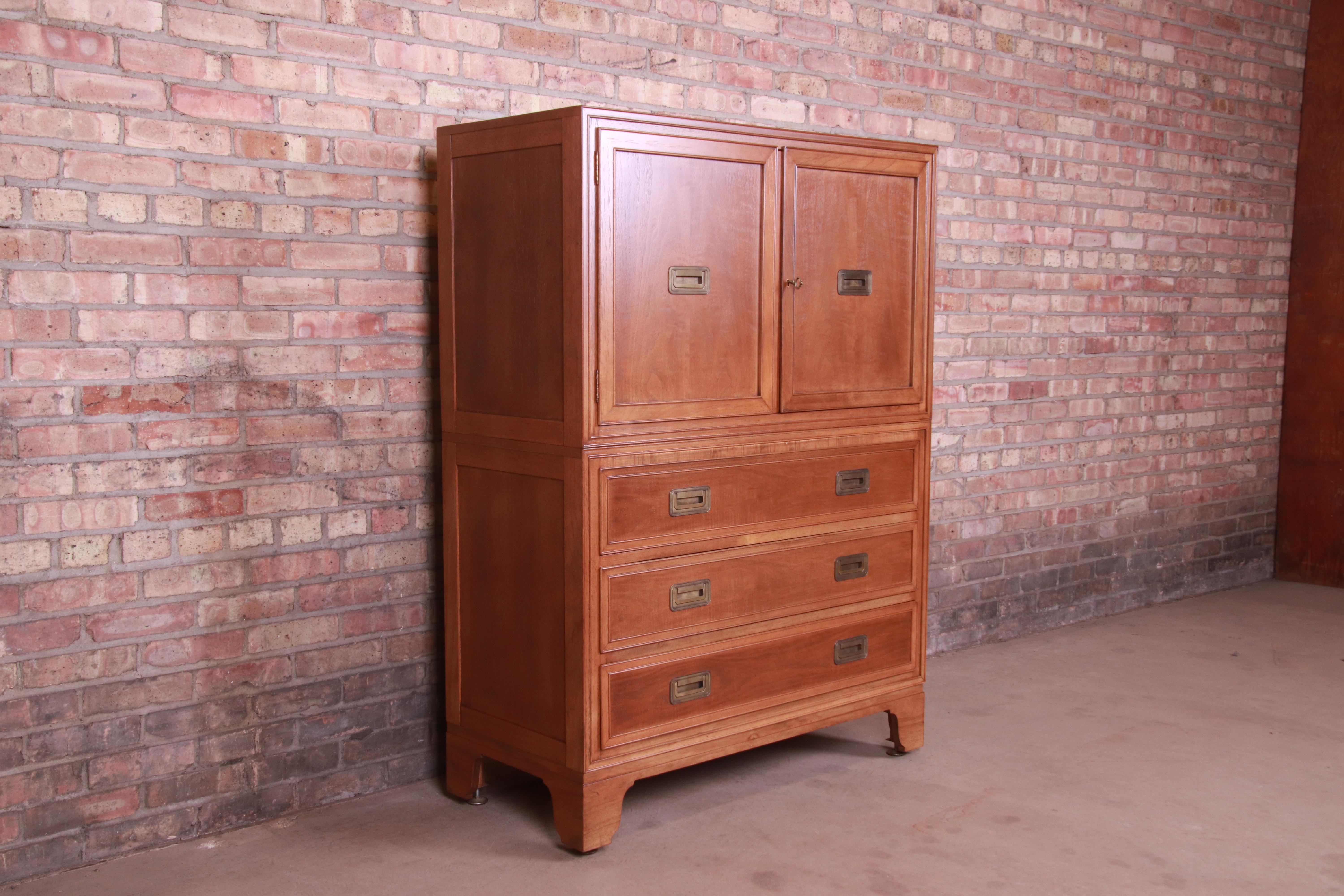 Mid-Century Modern Baker Furniture Hollywood Regency Campaign Walnut Gentleman's Chest, Refinished